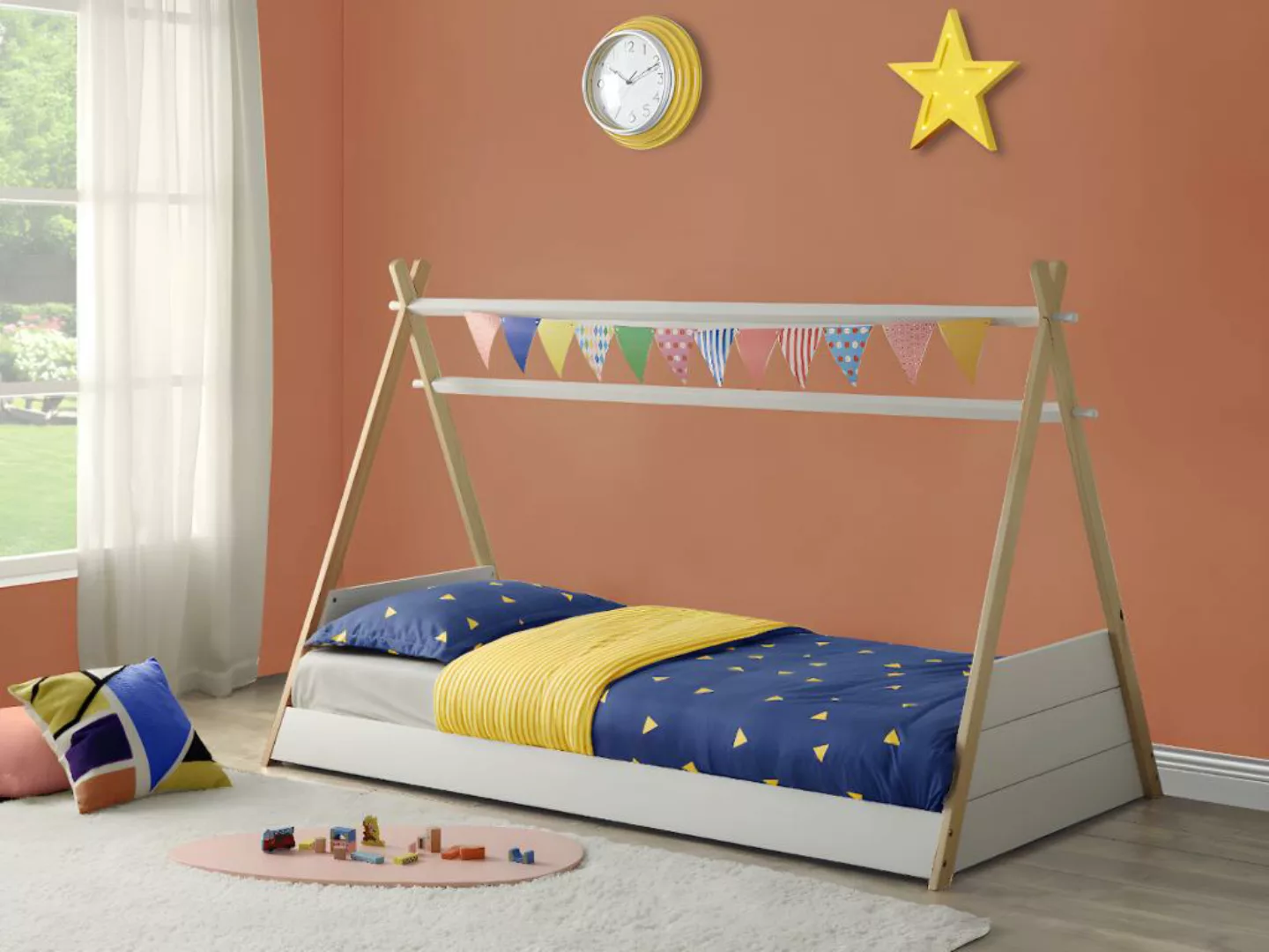 Kinderbett Tipibett mit Matratze - 90 x 190 cm - Weiß & Naturfarben - SIOUX günstig online kaufen