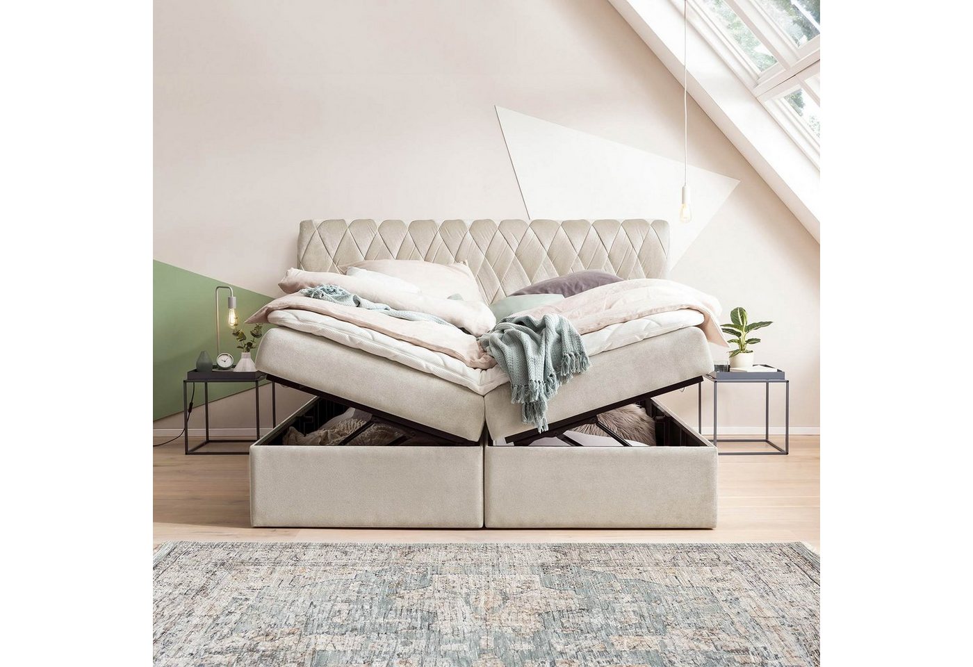 BettCo Stauraumbett Boxspringbett mit Bettkasten Lyon (in Creme Samt, 140 x günstig online kaufen