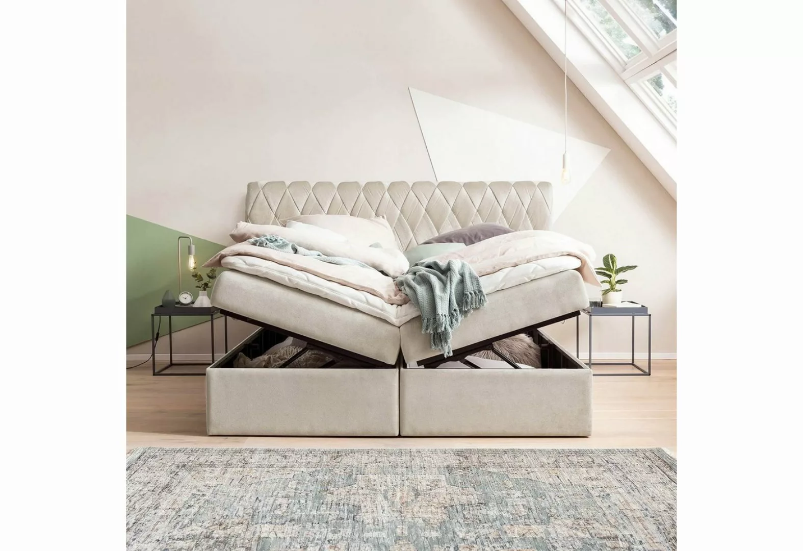 BettCo Stauraumbett Boxspringbett mit Bettkasten Lyon (in Creme Samt, 160 x günstig online kaufen