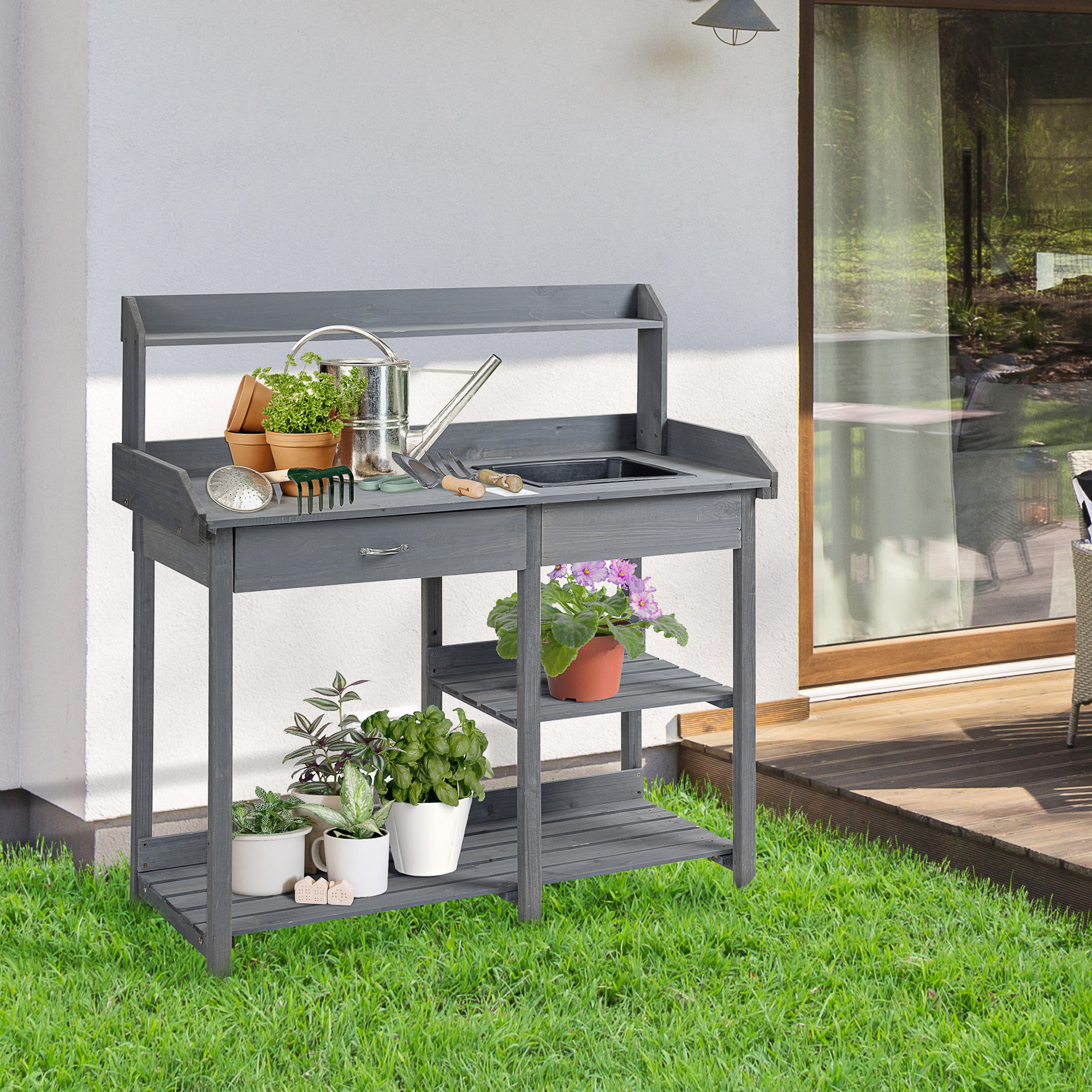 Outsunny Pflanztisch mit vielen Einrichtungen, Gartentisch mit Schublade, 3 günstig online kaufen