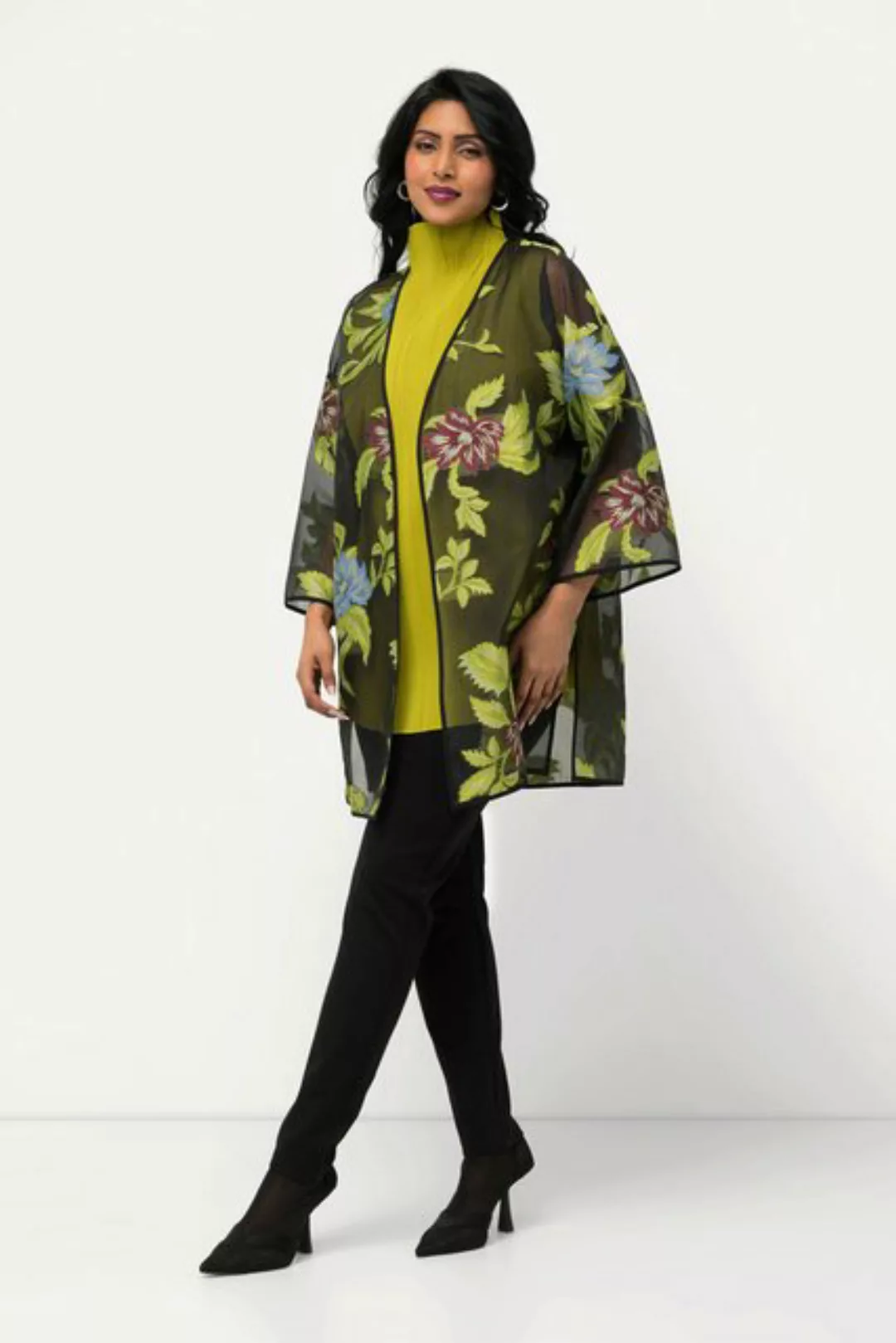 Ulla Popken Jackenblazer Chiffonjacke florales Design V-Ausschnitt 3/4-Arm günstig online kaufen