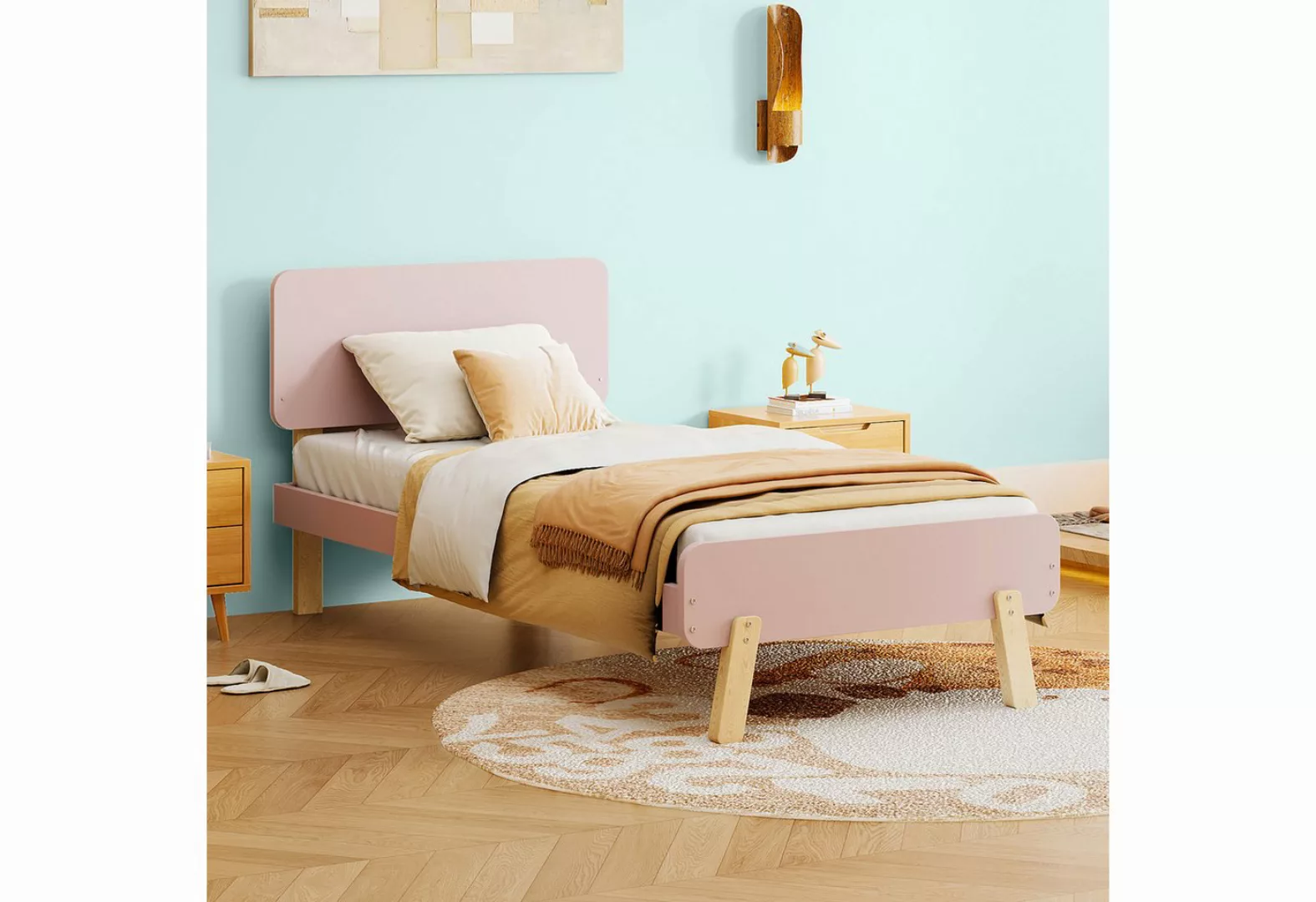 Odikalo Kinderbett Einzelbett Bettgestell 90x190 Massivholz Lattenrost Rosa günstig online kaufen