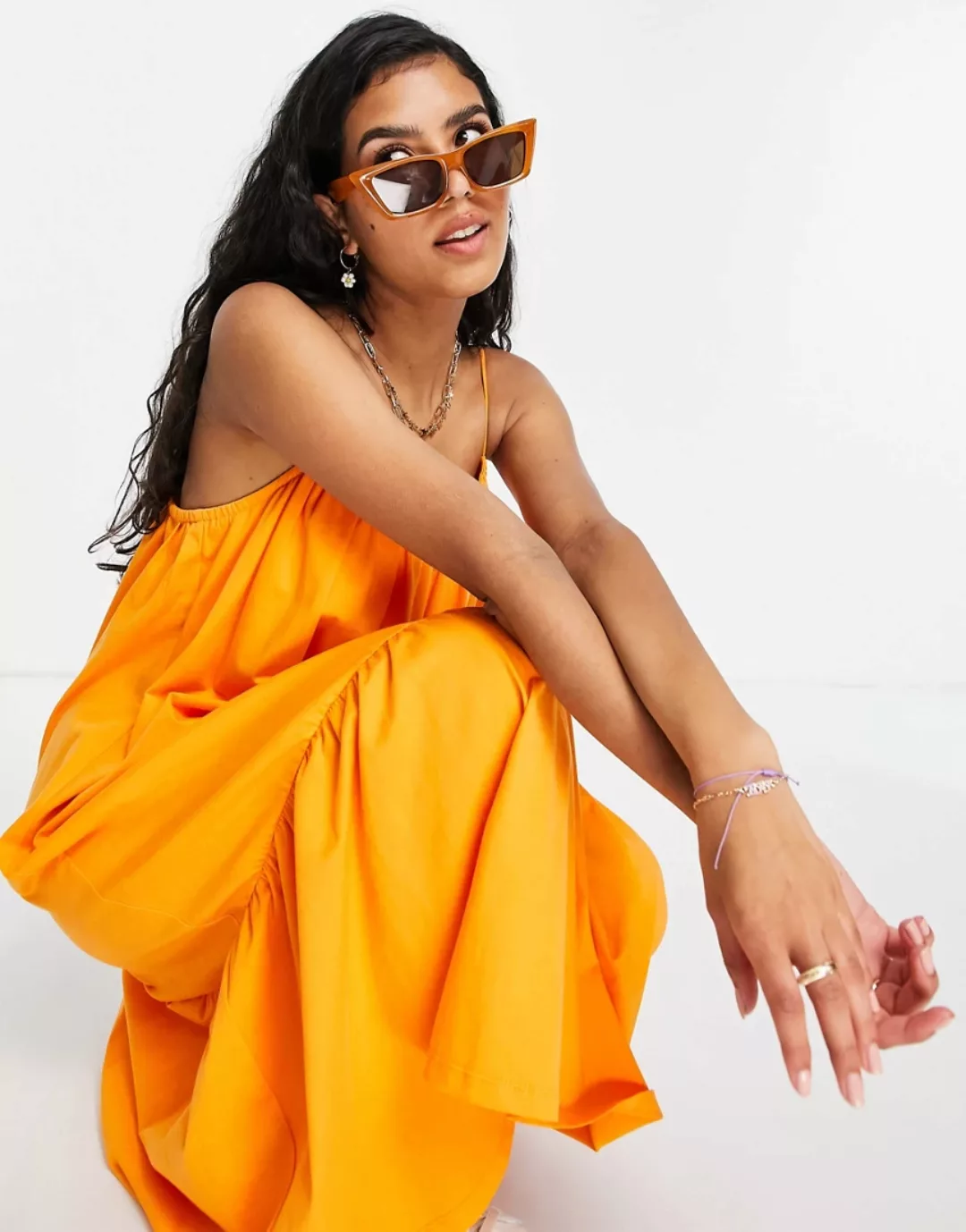 ASOS DESIGN – Midi-Sommerkleid in Orange mit Riemchenträgern und Schößchens günstig online kaufen