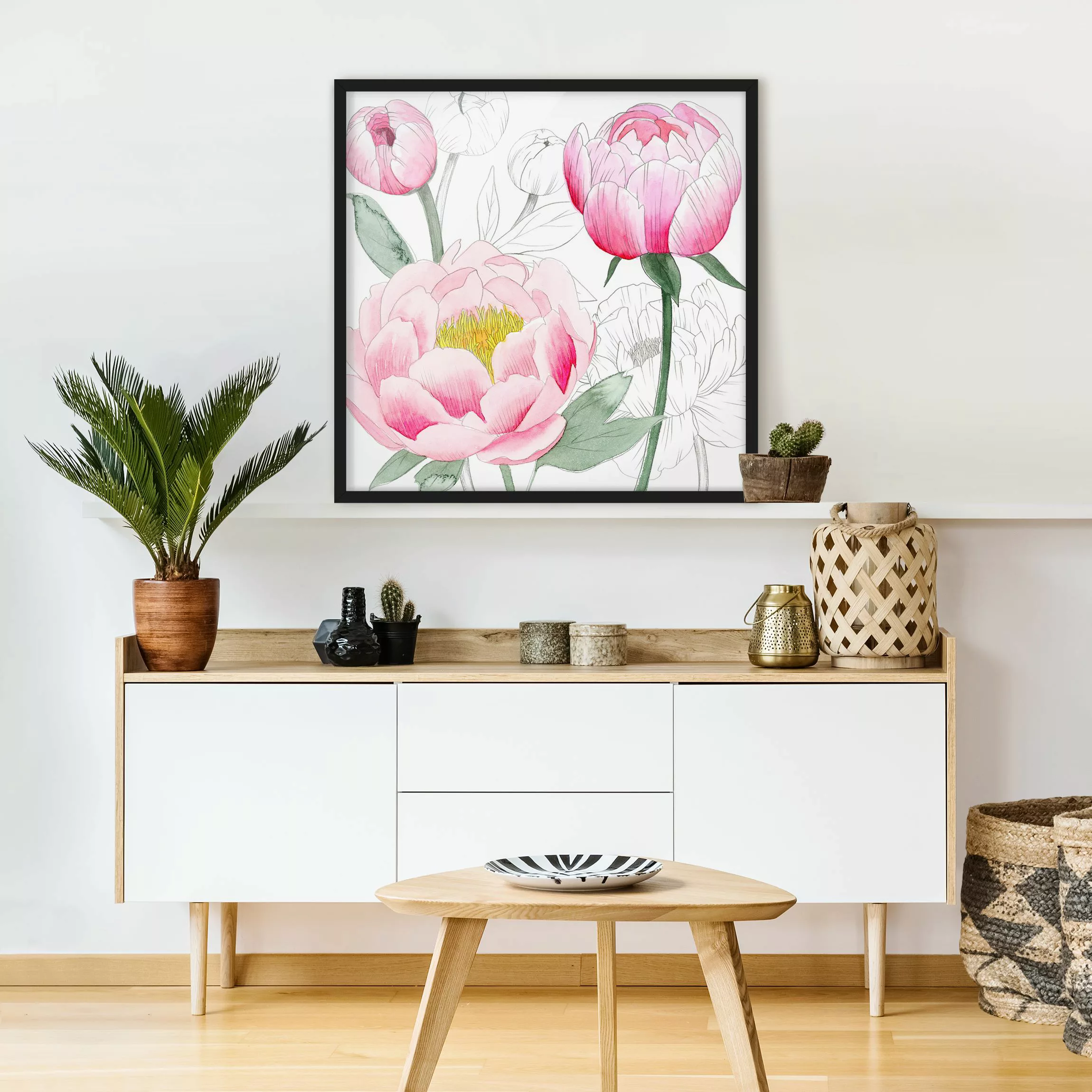 Bild mit Rahmen Blumen - Quadrat Zeichnung Rosa Päonien II günstig online kaufen