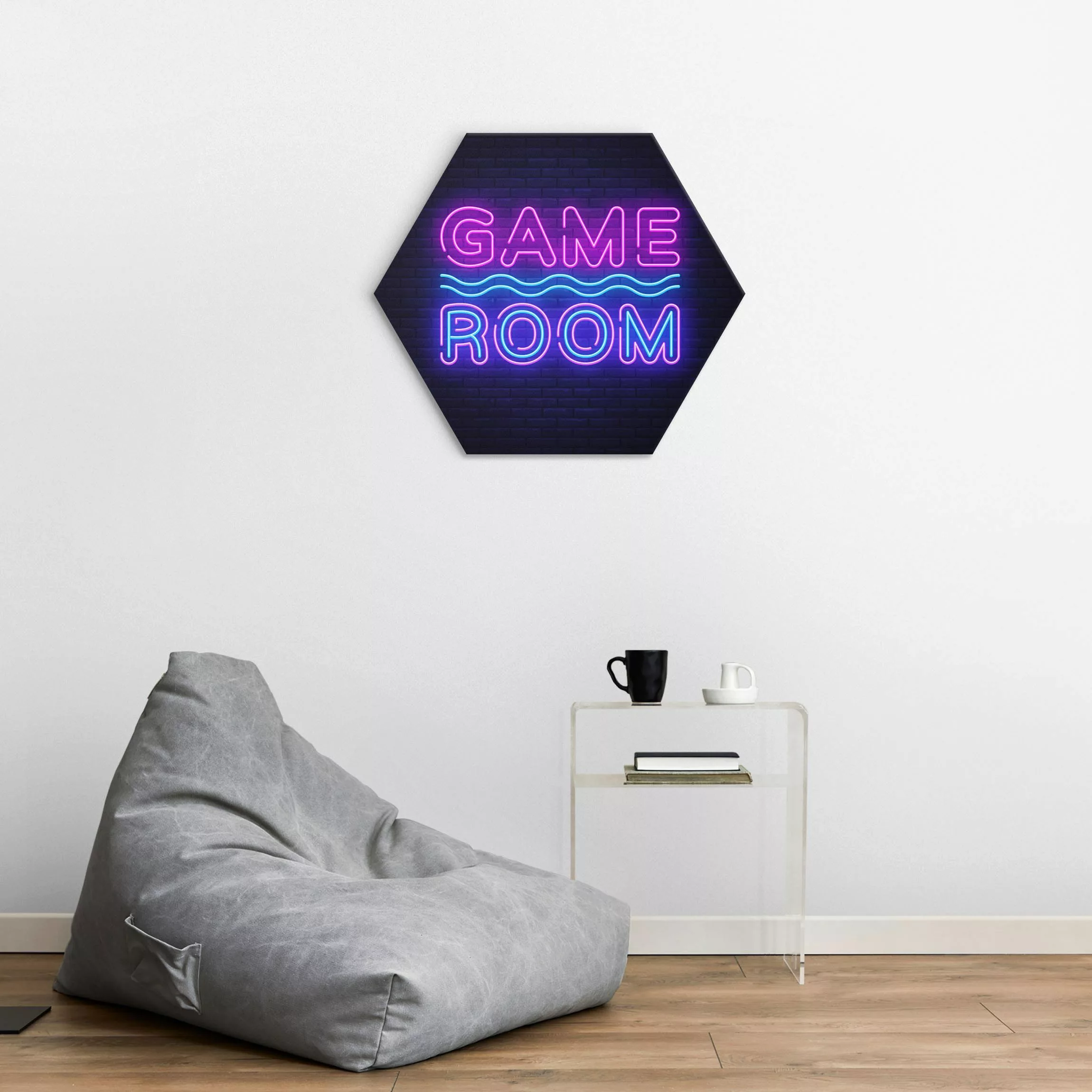 Hexagon-Alu-Dibond Bild Neon Schrift Game Room günstig online kaufen