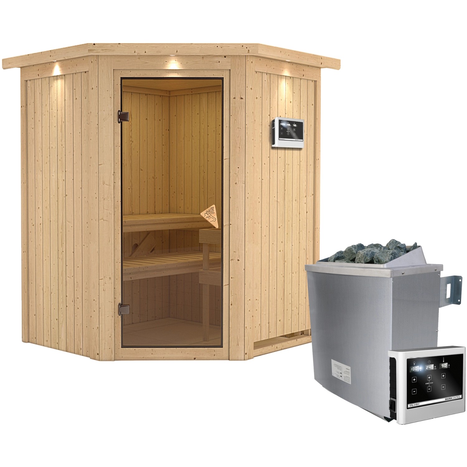 Karibu Sauna-Set Lyra inkl. Edelstahl-Ofen 9 kW mit ext. Steuerung, Dachkra günstig online kaufen