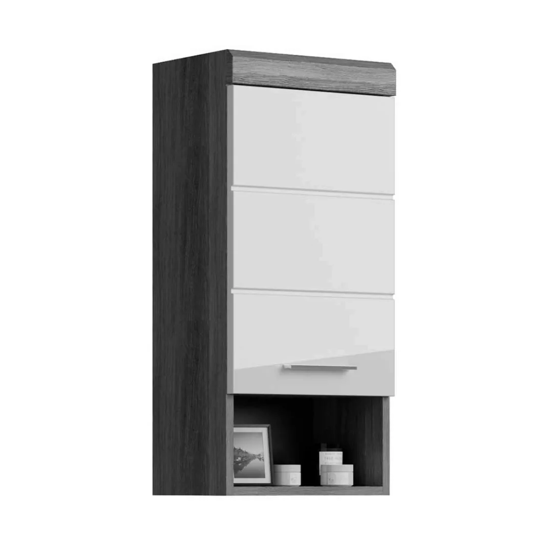 Badezimmermöbel Set modern Rauchgrau Holzoptik Hochglanz weiß (vierteilig) günstig online kaufen