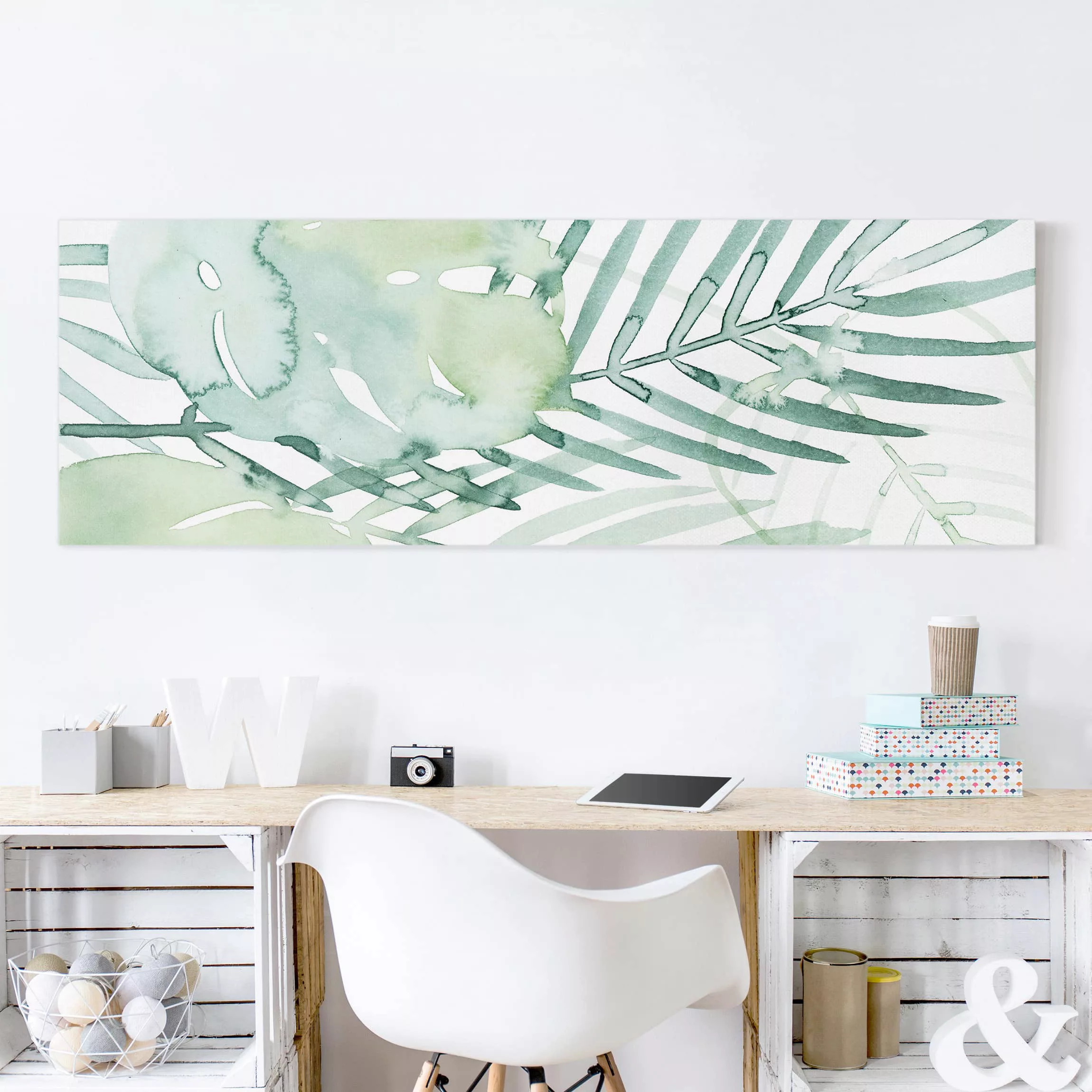 Leinwandbild Botanik - Panorama Palmwedel in Wasserfarbe I günstig online kaufen