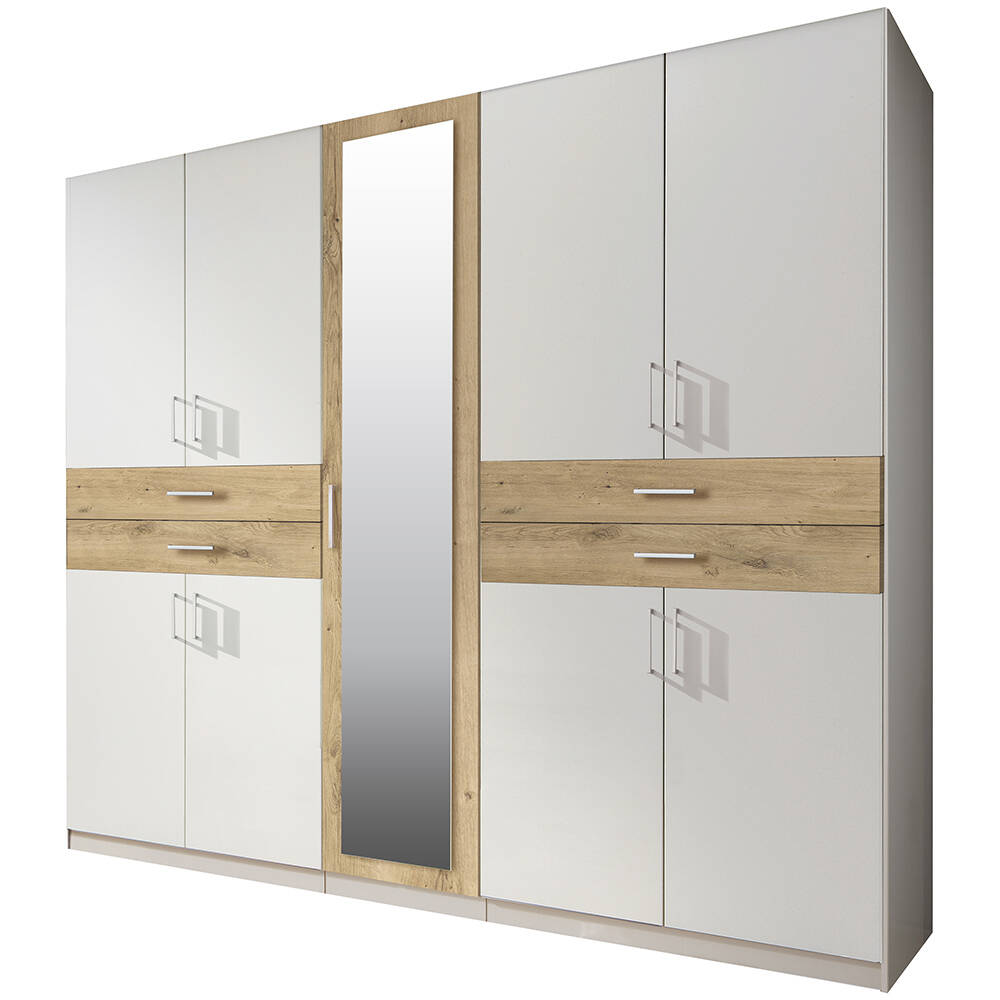 Kleiderschrank mit Spiegel, 225 cm breit modern in weiß mit Eiche TREVISO-4 günstig online kaufen