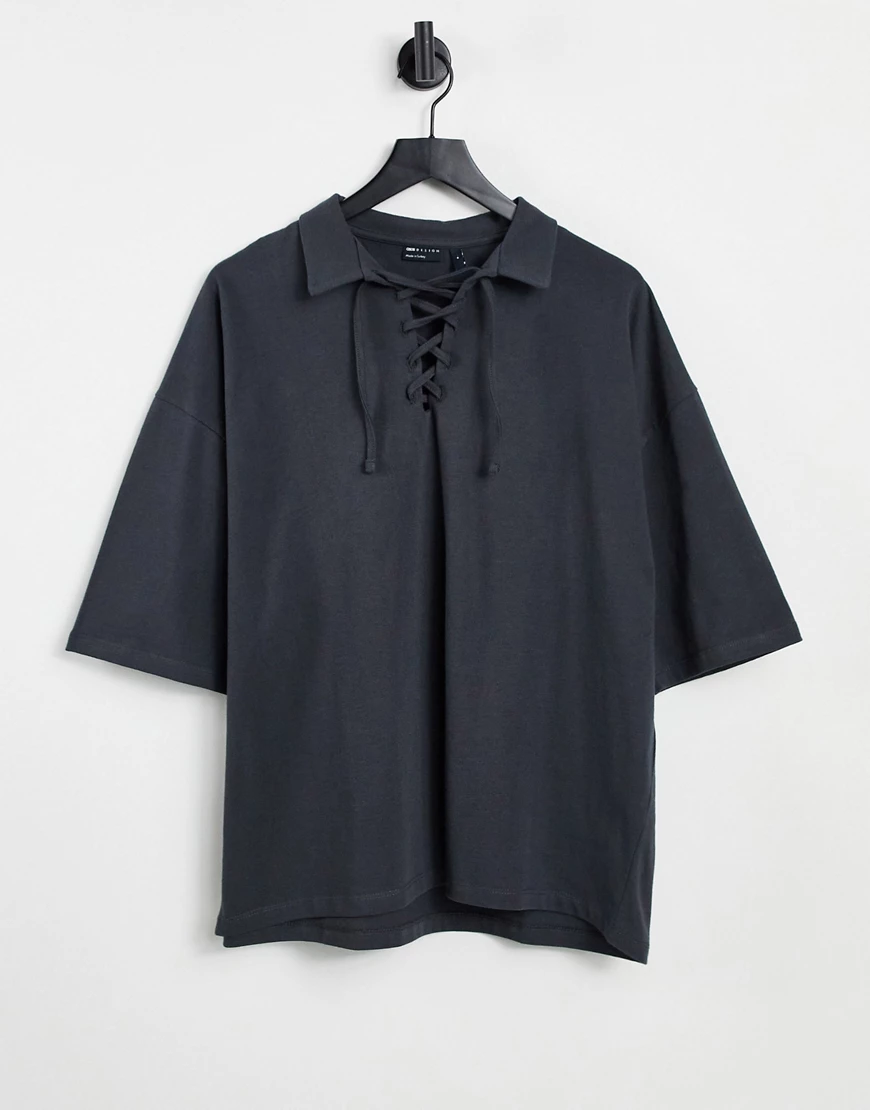 ASOS DESIGN – Oversize-Poloshirt mit halblangen Ärmeln und Schnürung vorne günstig online kaufen