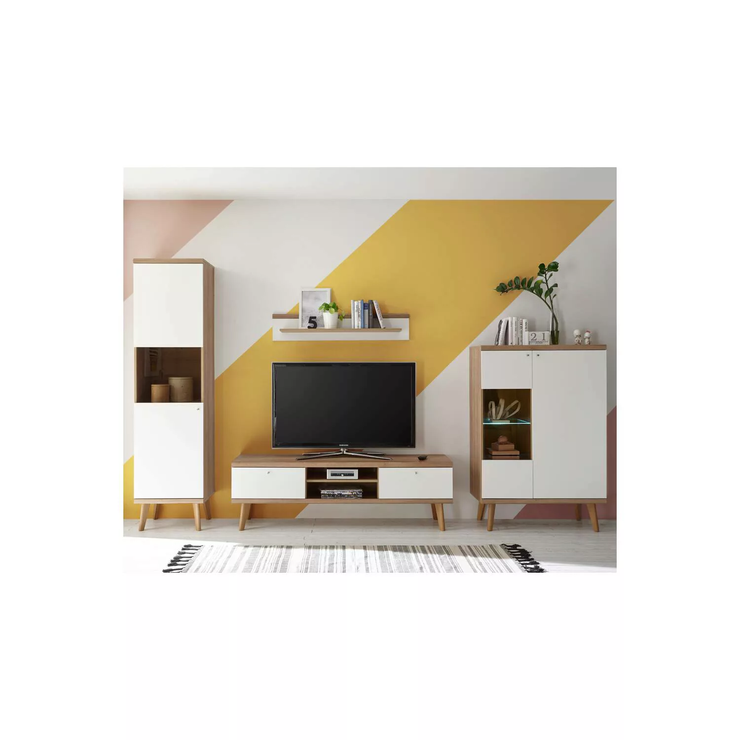 Wohnwand mit 2 Vitrinenschränken MAINZ-61 in weiß matt mit Eiche Riviera Nb günstig online kaufen