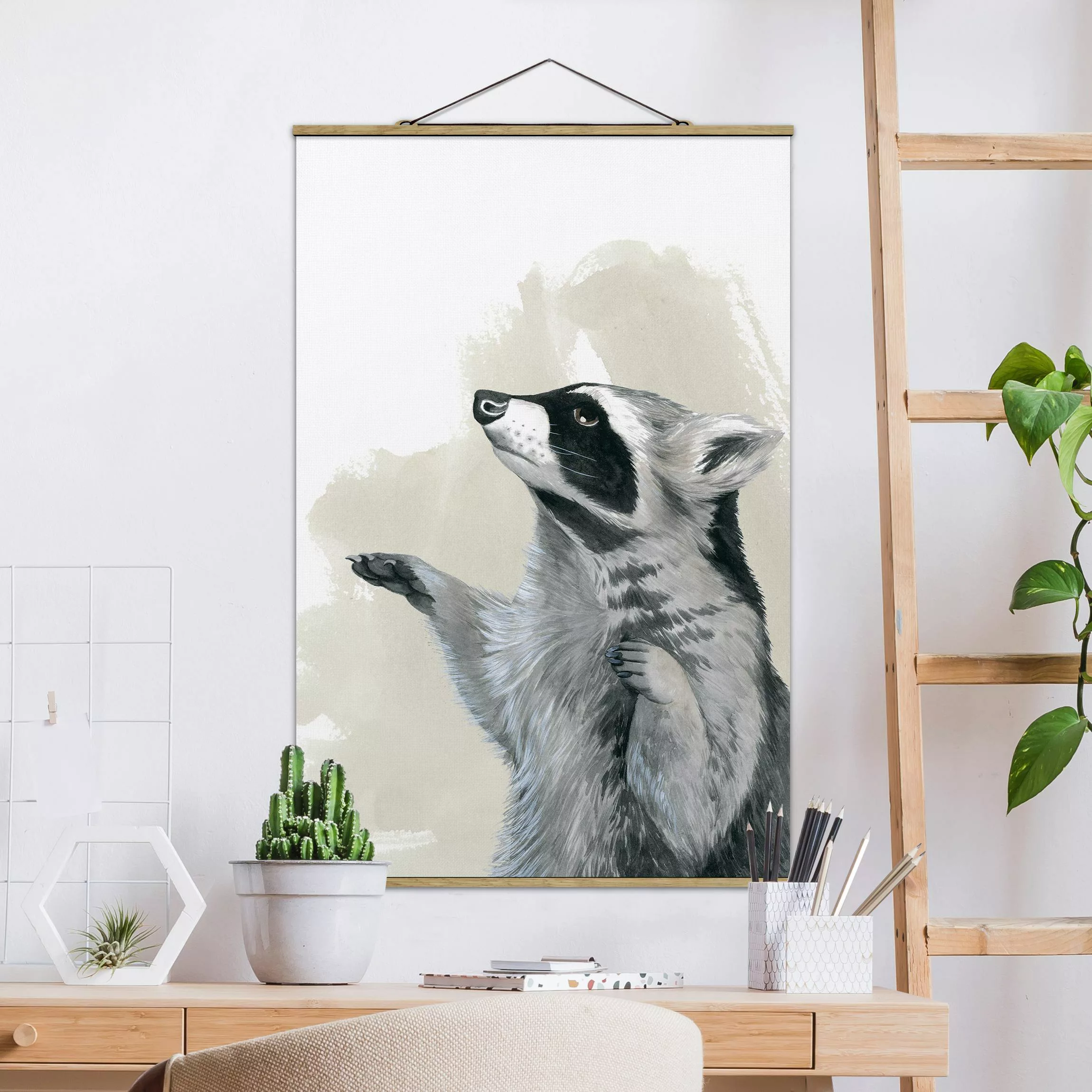 Stoffbild Tiere mit Posterleisten - Hochformat Waldfreunde - Waschbär günstig online kaufen