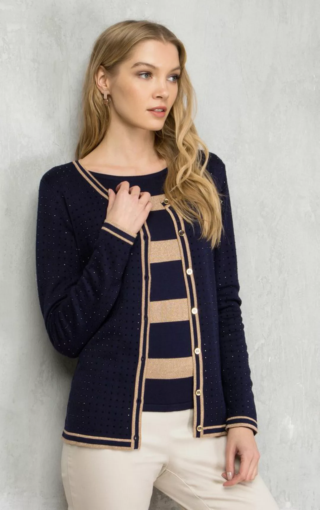 Passioni Cardigan Twinset mit dezenten marineblauen Strasssteinen und Strei günstig online kaufen