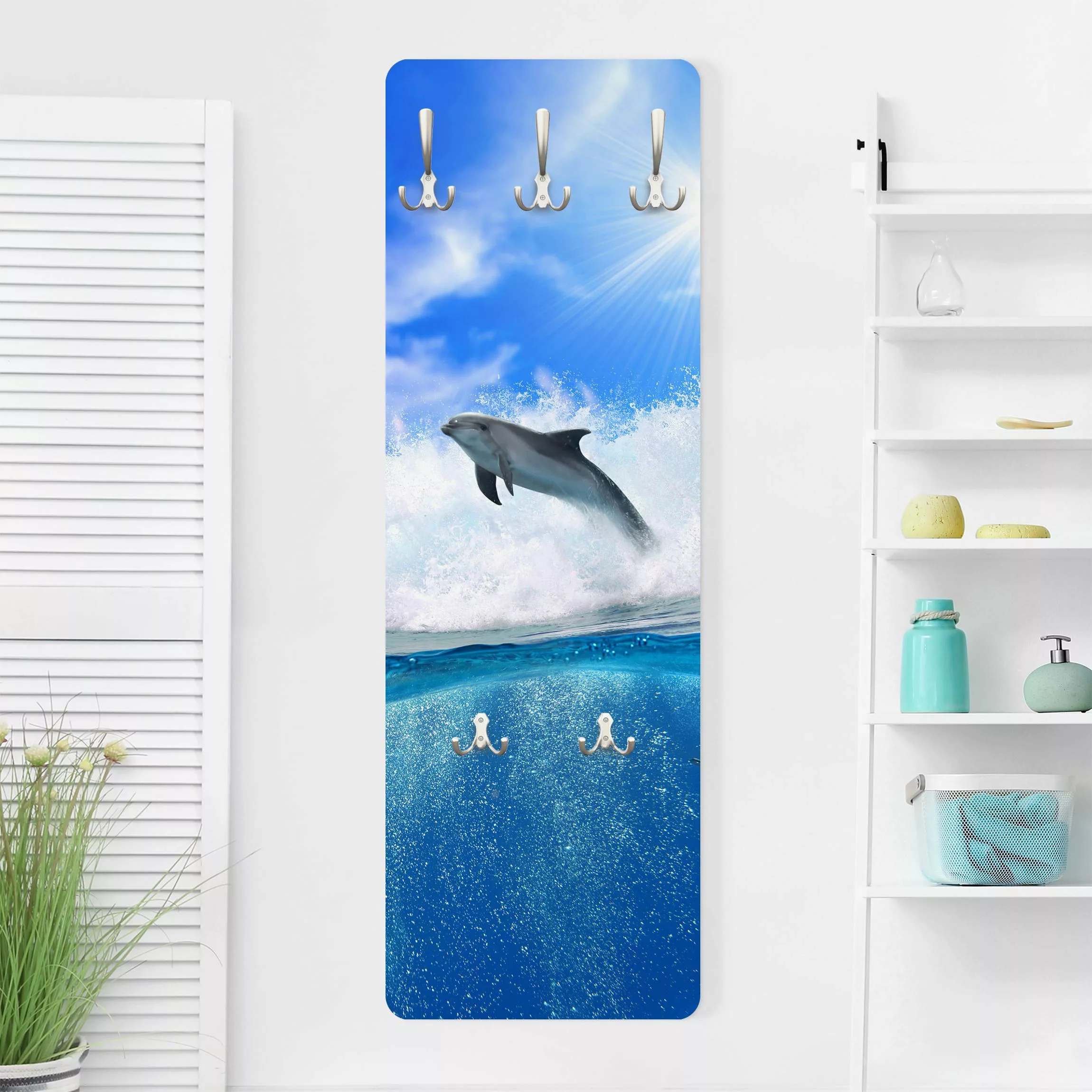 Wandgarderobe Holzpaneel Tiere Playing Dolphins günstig online kaufen