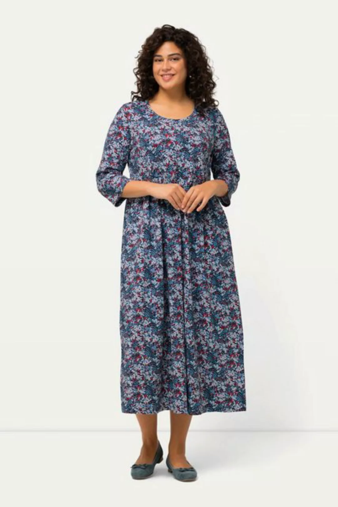 Ulla Popken Sommerkleid Jerseykleid Blüten A-Linie Rundhals 3/4-Arm günstig online kaufen