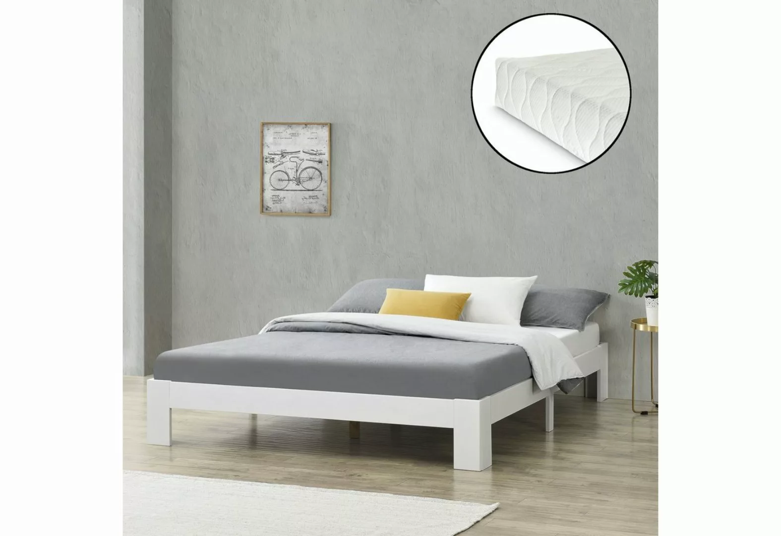 en.casa Holzbett, Raisio Doppelbett mit Matratze 180x200 cm Weiß günstig online kaufen