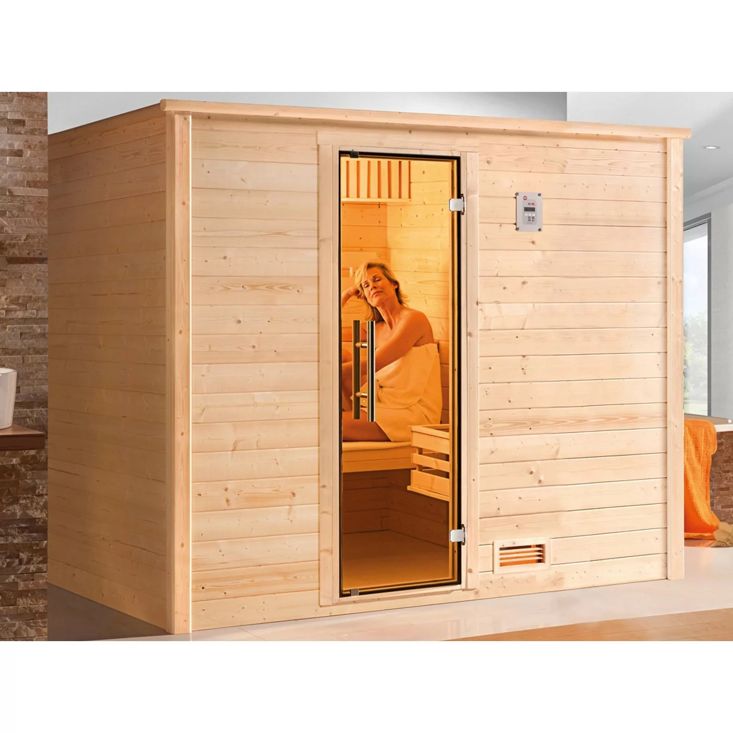 Weka Massivholzsauna Bergen 3 Sparset 7,5 kW BioS Glastür günstig online kaufen