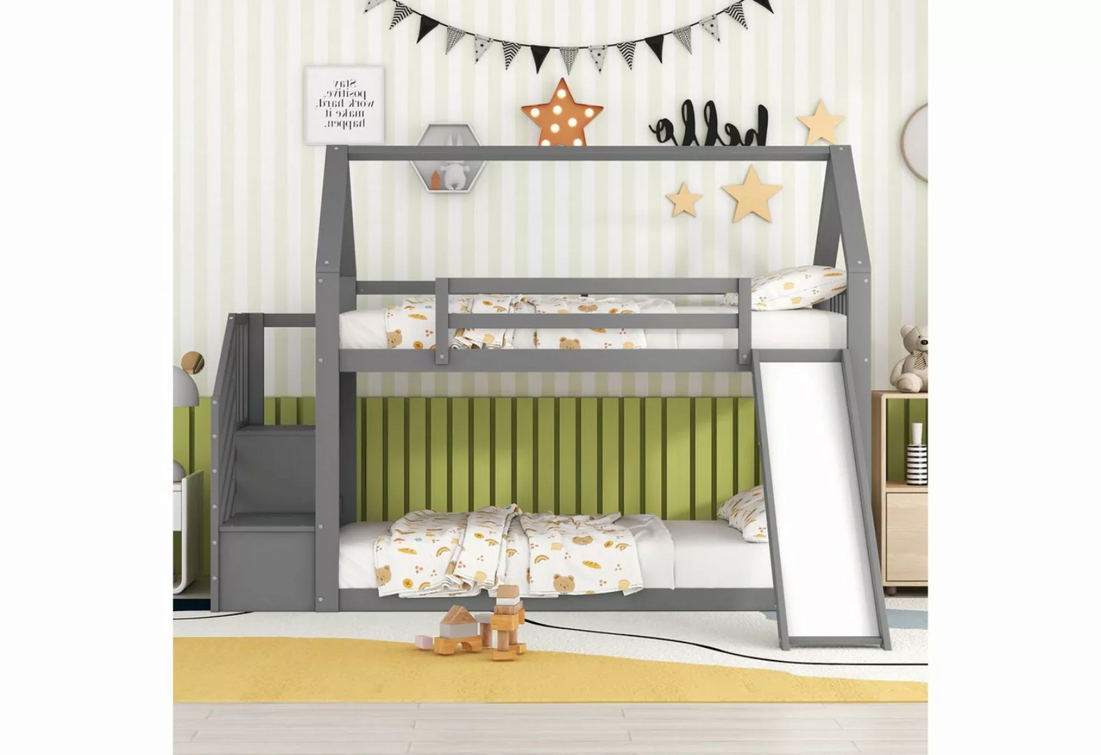 IDEASY Jugendbett Kinderbett Etagenbett, Hausprofil, weiß/grau, 90x200 cm, günstig online kaufen