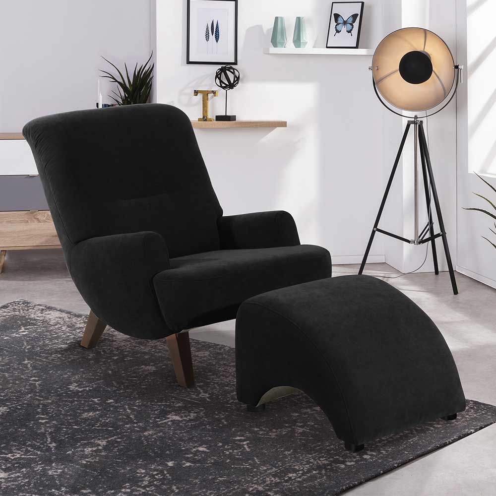Wohnzimmer Sessel schwarz modern aus Velours Vierfußgestell aus Holz günstig online kaufen