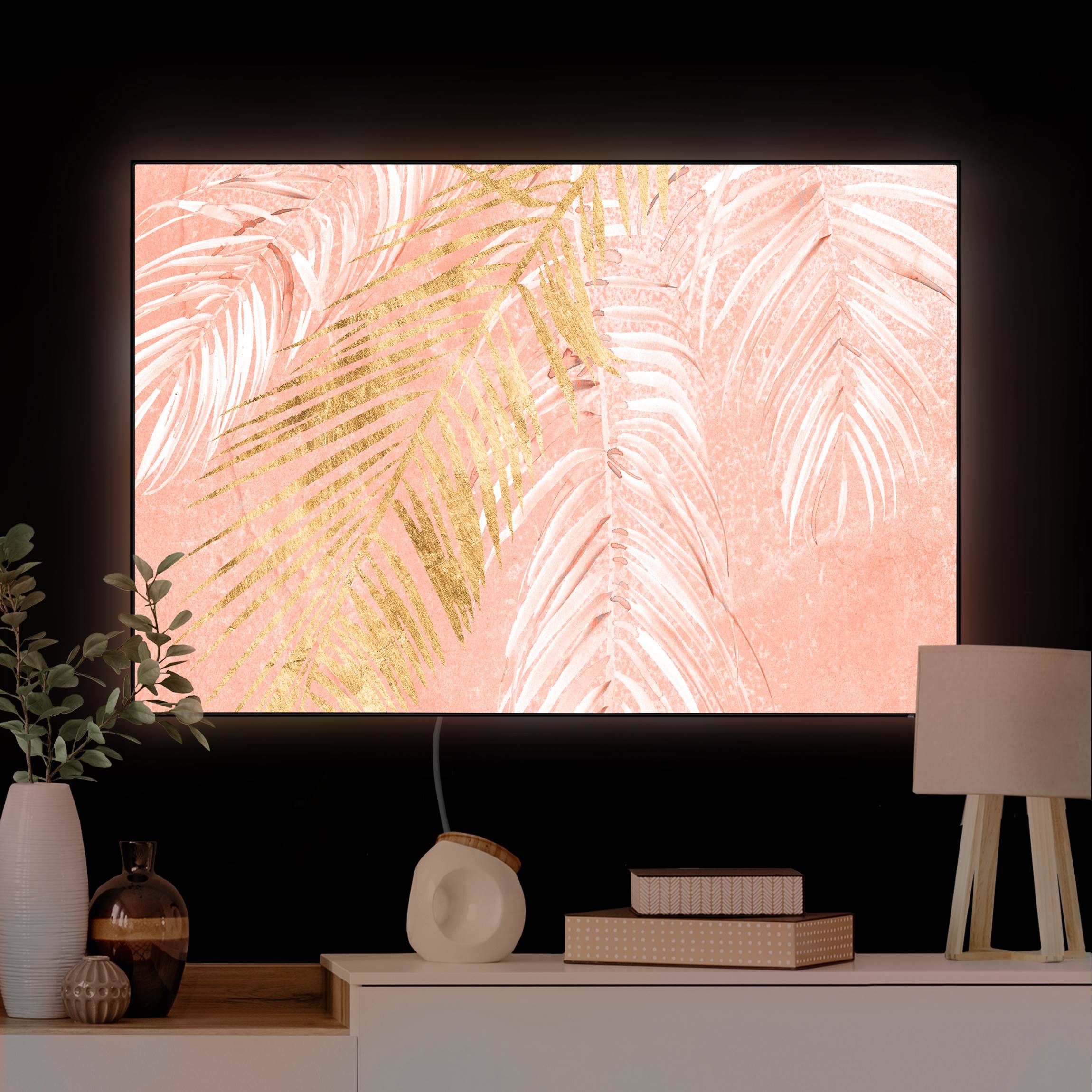 LED-Wechselbild Palmenblätter Rosa und Gold I günstig online kaufen