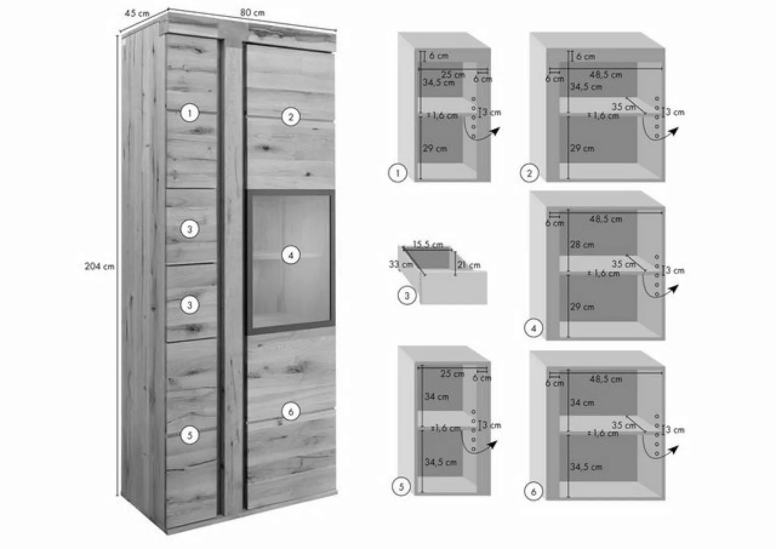 Massivmoebel24 Standvitrine Vitrine Wildeiche / Zerreiche 80x45x204 natur g günstig online kaufen