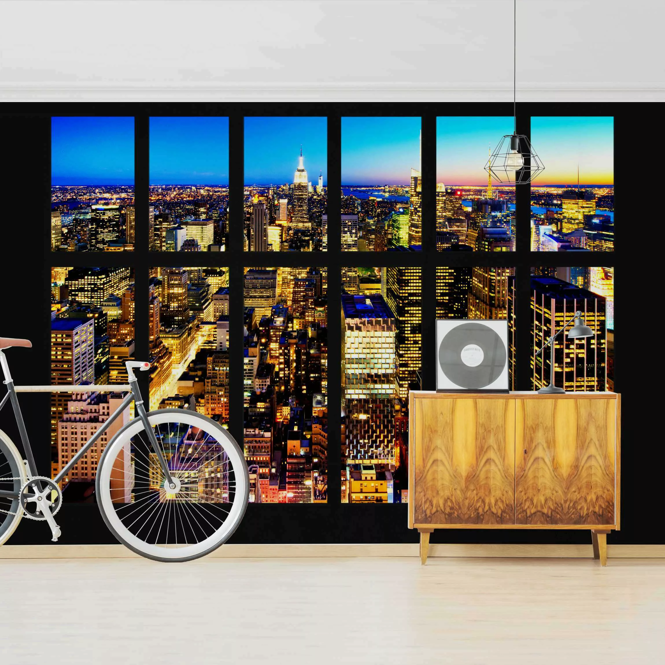 Fototapete Fensterblick Manhattan Skyline bei Nacht günstig online kaufen
