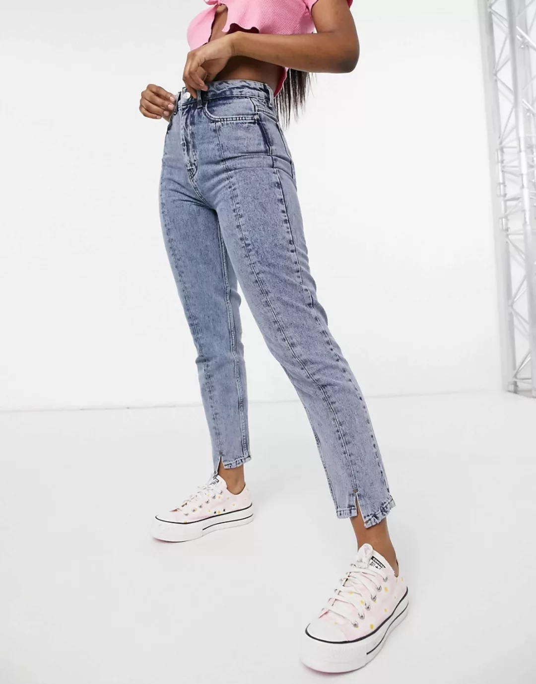 New Look – Mom-Jeans mit Ziernaht in Blau günstig online kaufen