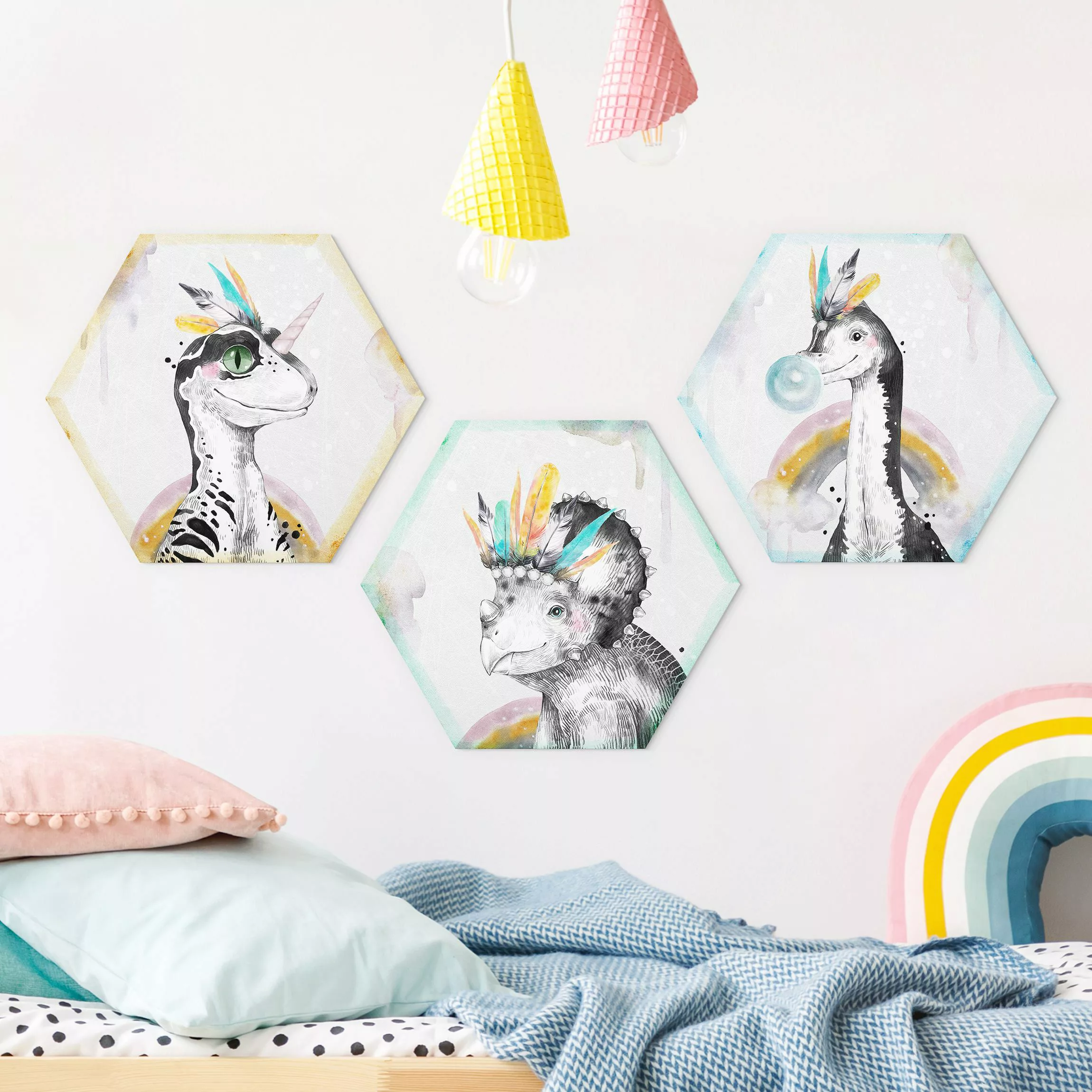 3-teiliges Hexagon-Alu-Dibond Bild Dinosaurier Indianer Set günstig online kaufen