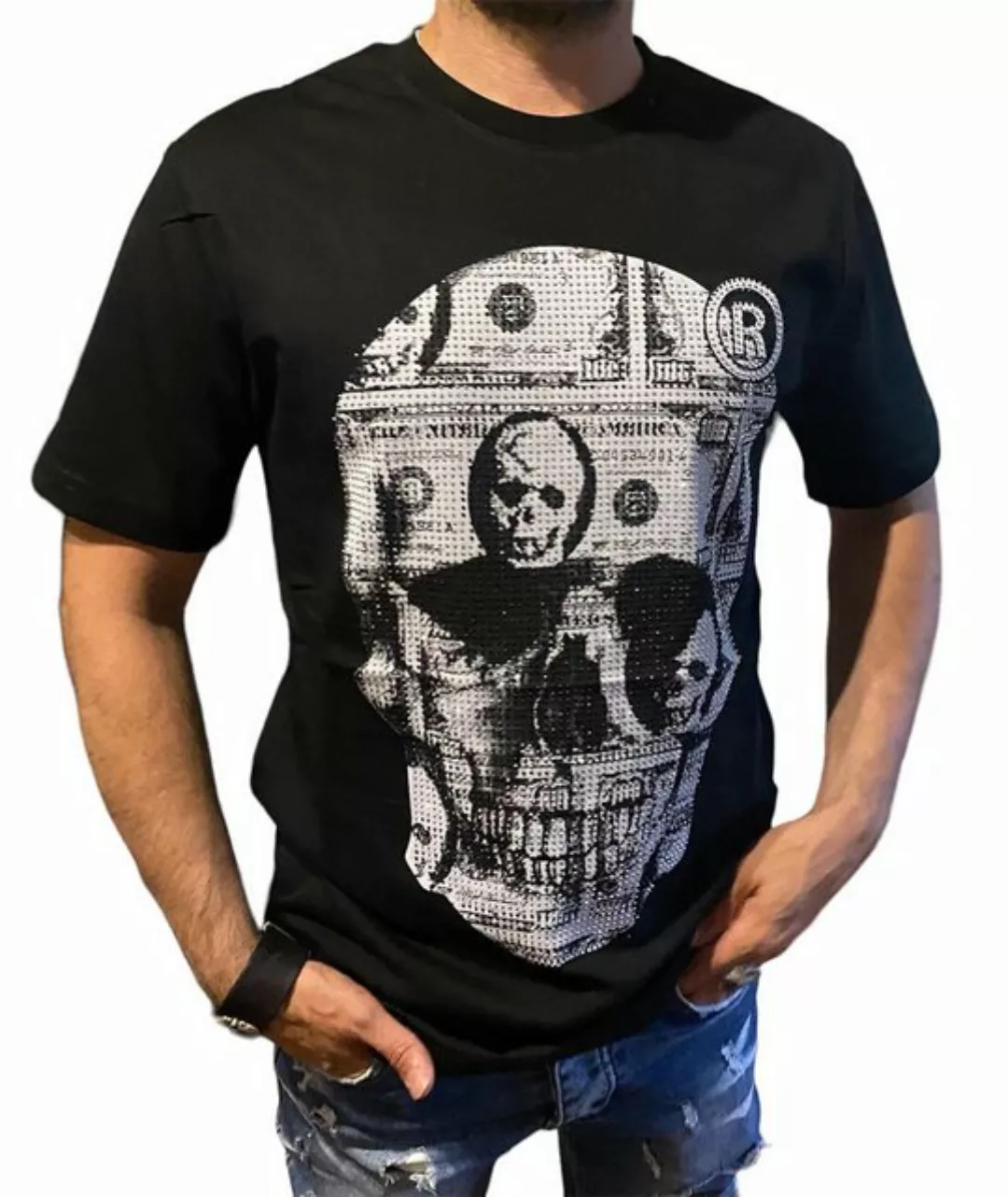 Aaron Bane Kurzarmshirt Totenkopf T-Shirt Kurzarm Shirt Strasssteinen Schwa günstig online kaufen