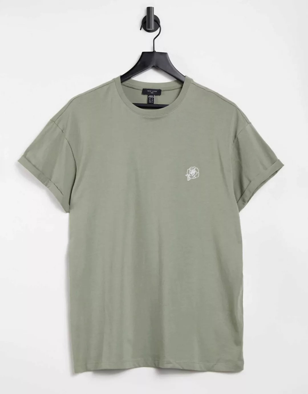 New Look – T-Shirt mit Rosenstickerei in Khaki-Grün günstig online kaufen