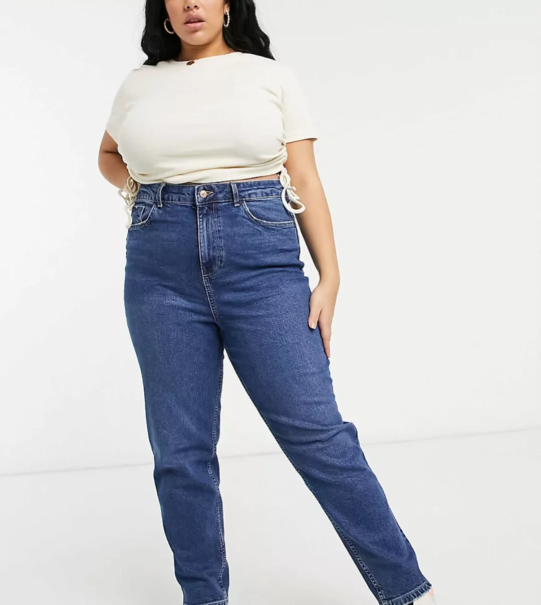 New Look Curve – Mom-Jeans mit betonter Taille in Mittelblau günstig online kaufen