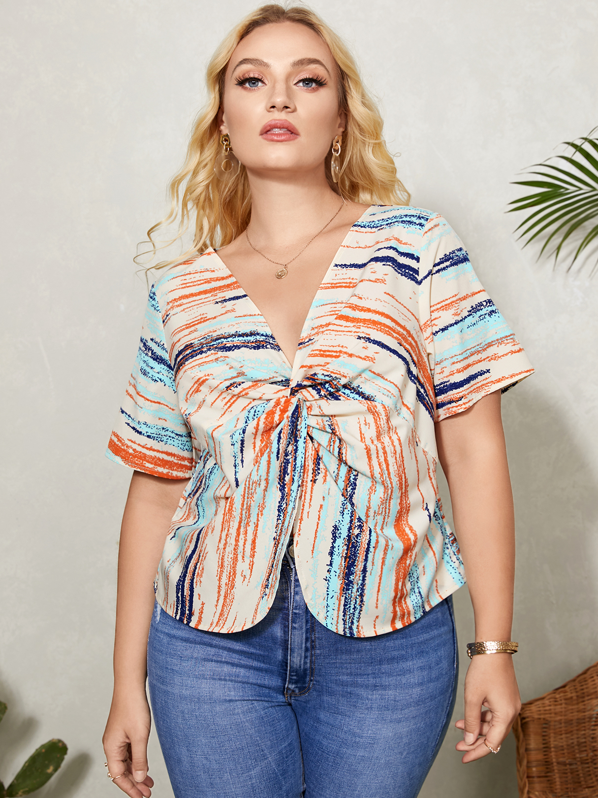 YOINS Plus Größe V-Ausschnitt Twist Kurzarm Bluse günstig online kaufen