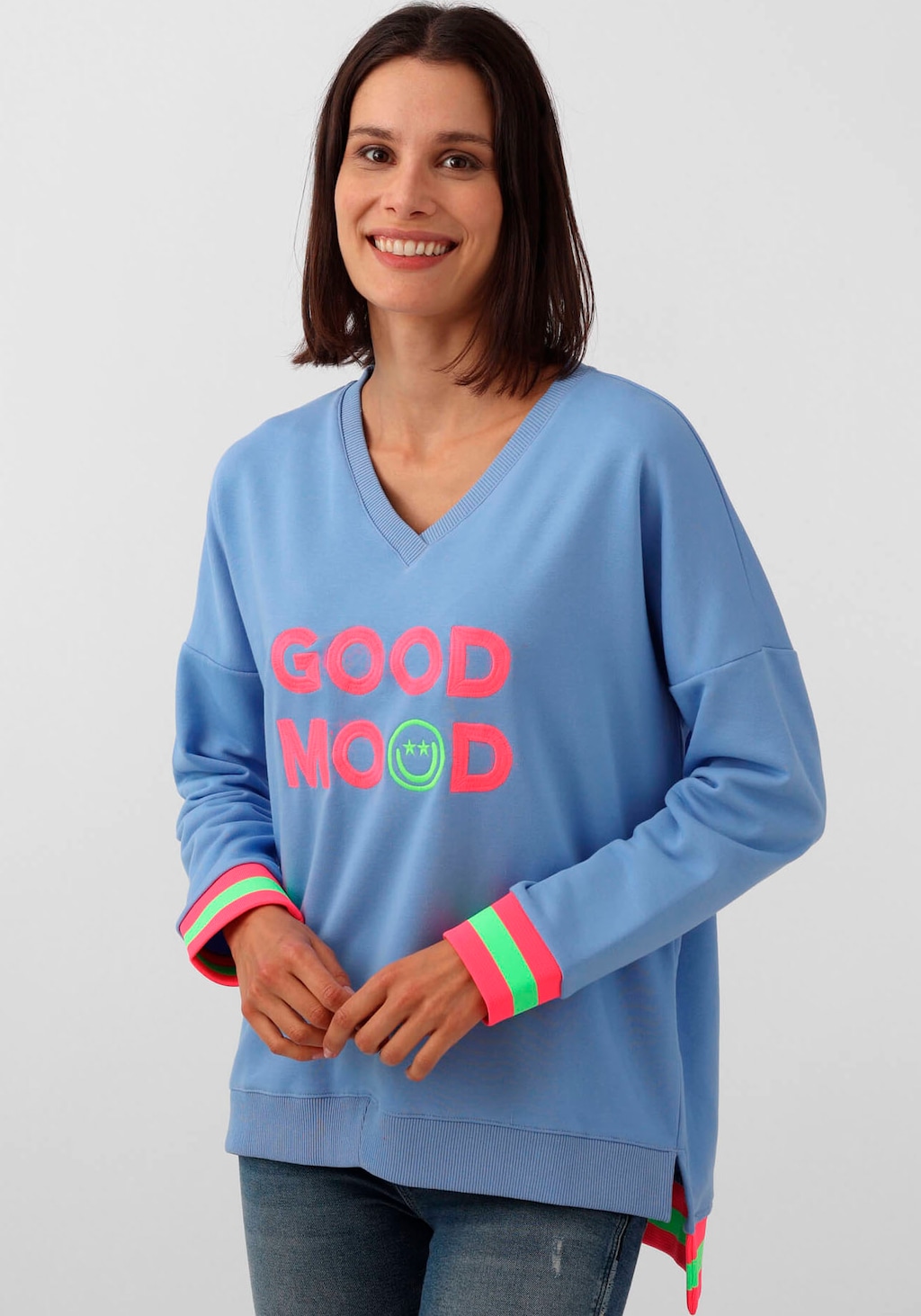 Zwillingsherz Sweatshirt "Dana", mit "Good Mood"-Schriftzug und neonfarbene günstig online kaufen