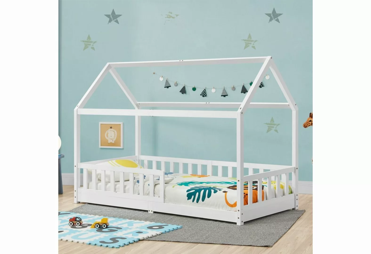 Juskys Kinderbett Marli, 90x200 cm, Hausoptik mit Dach, Holz, Rausfallschut günstig online kaufen