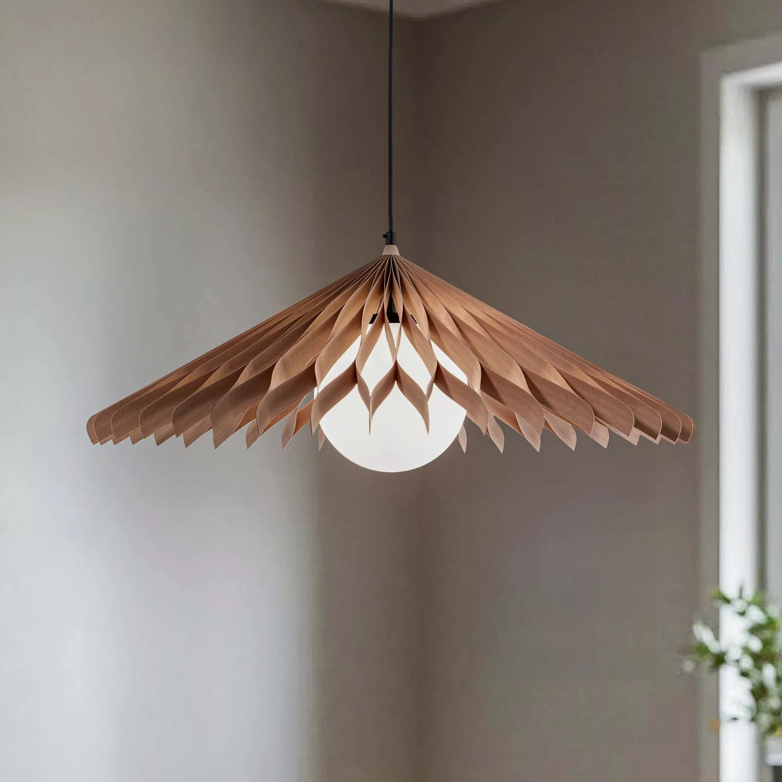 Hängeleuchte Nature Sun Glas XL, Kegel flach, Ø 69 cm, Holz günstig online kaufen