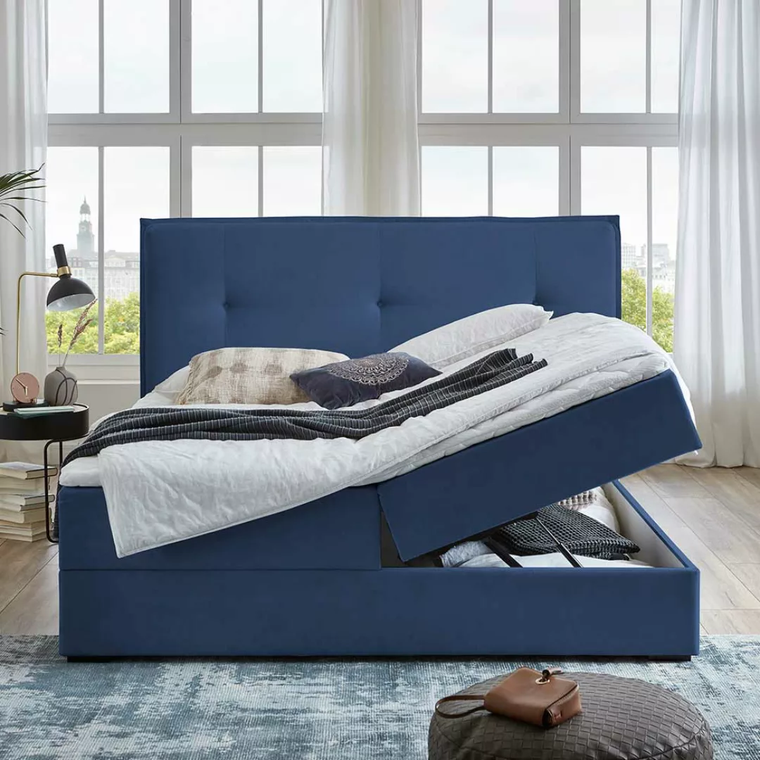 Gepolstertes Bett in Blau Webstoff Bettkasten günstig online kaufen