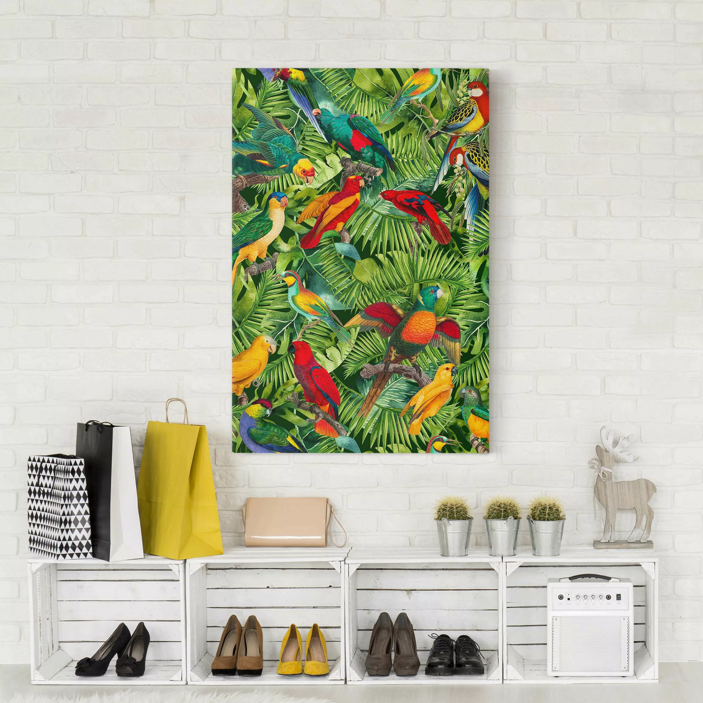 Leinwandbild Bunte Collage - Papageien im Dschungel günstig online kaufen