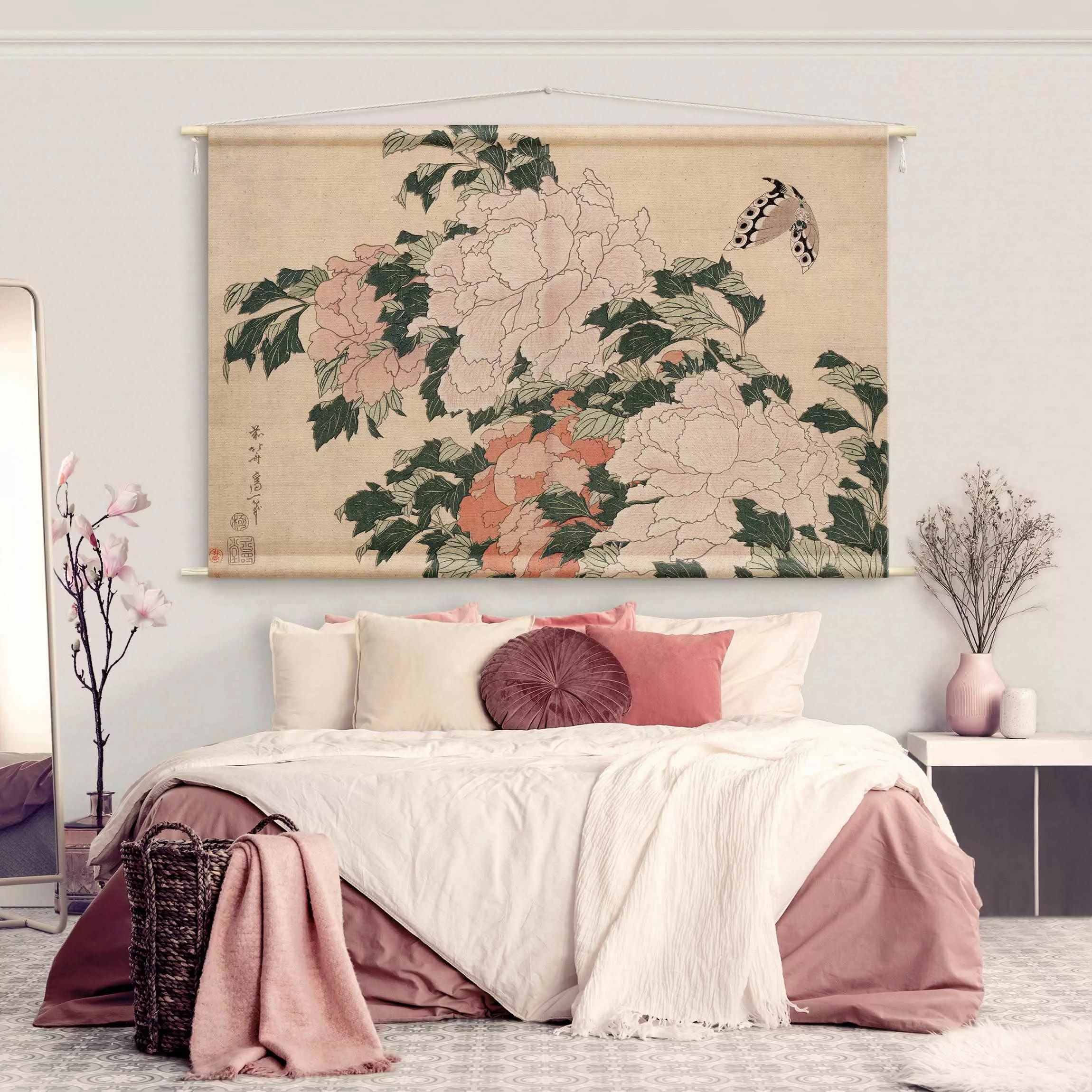 Wandteppich Katsushika Hokusai - Rosa Pfingstrosen mit Schmetterling günstig online kaufen