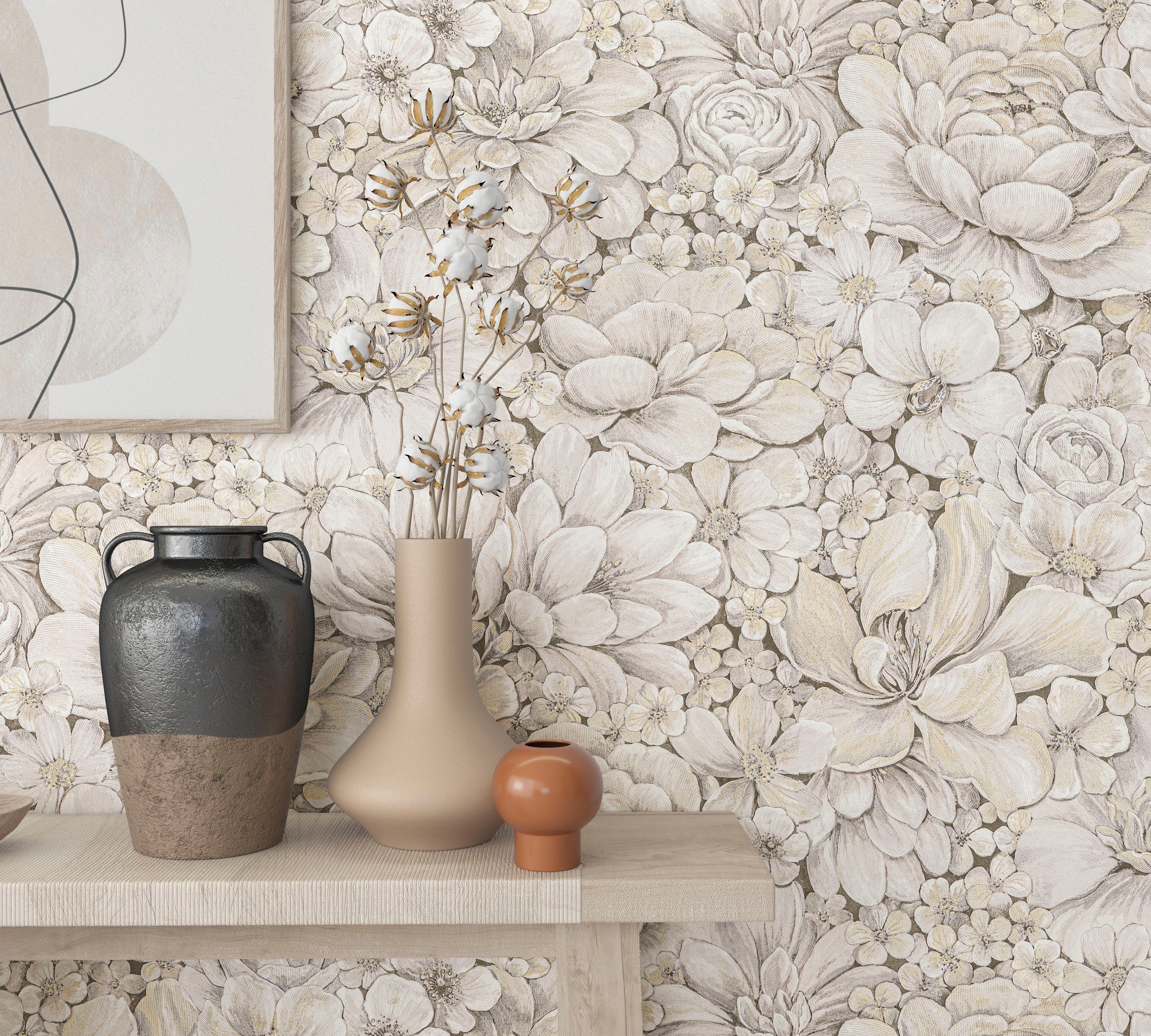 Marburg Vliestapete Flower, geprägt, matt, Blattmotiv günstig online kaufen