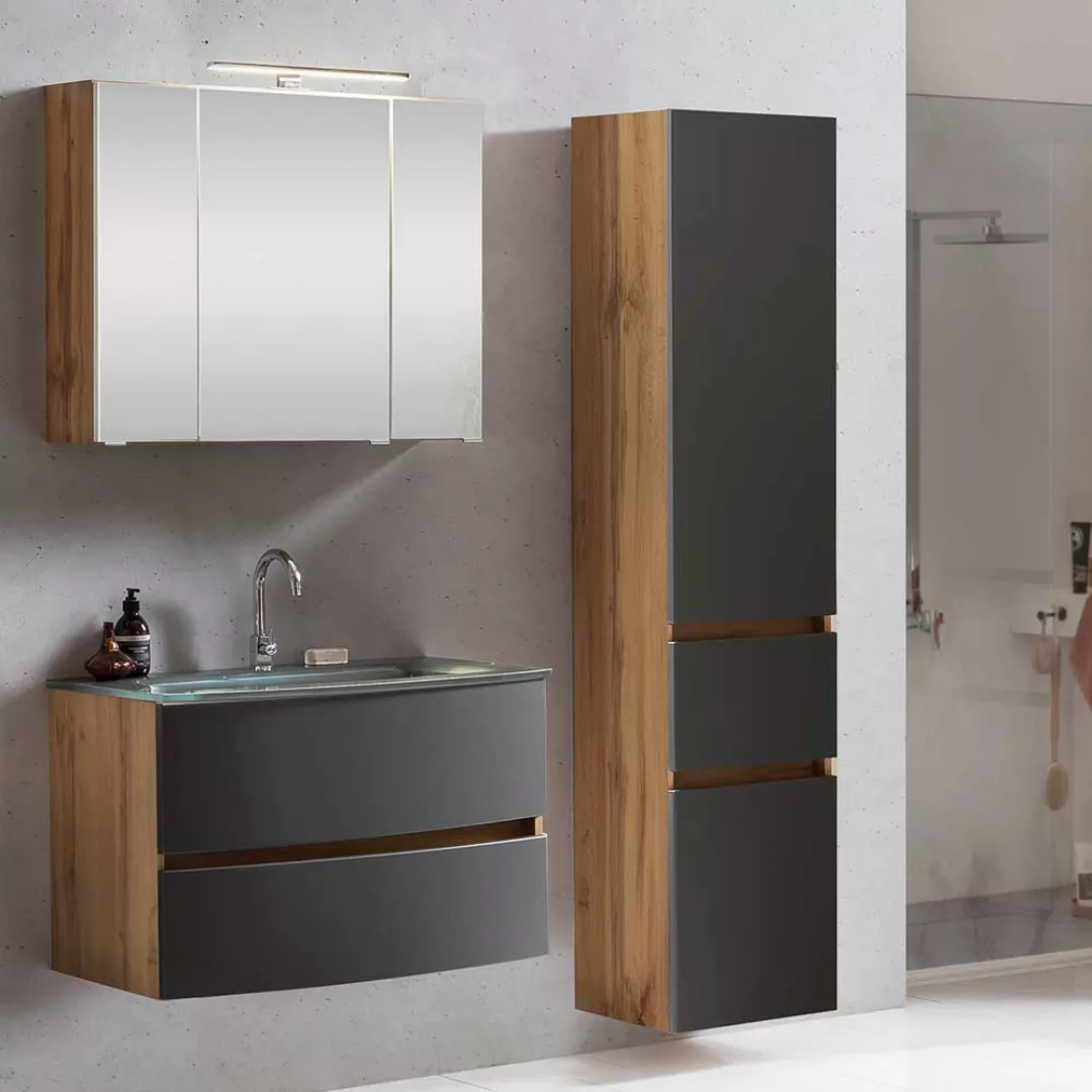 Badezimmer Kombination in Wildeichefarben und Grau LED Beleuchtung (dreitei günstig online kaufen