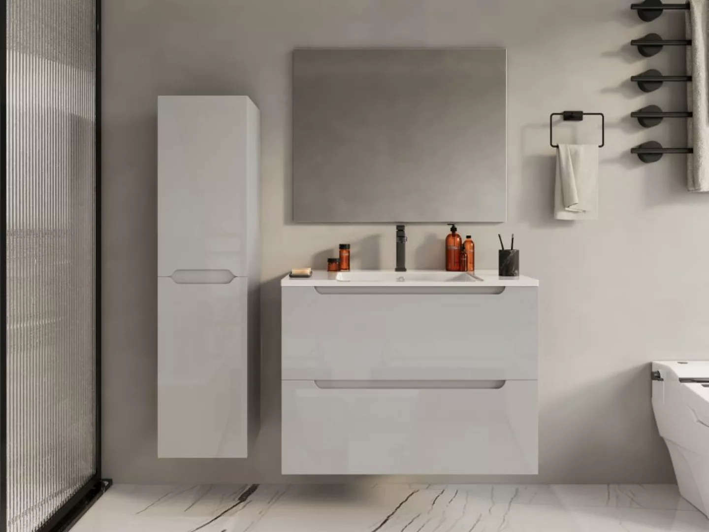 Waschbeckenunterschrank hängend mit Einzelwaschbecken & Badhochschrank - 80 günstig online kaufen