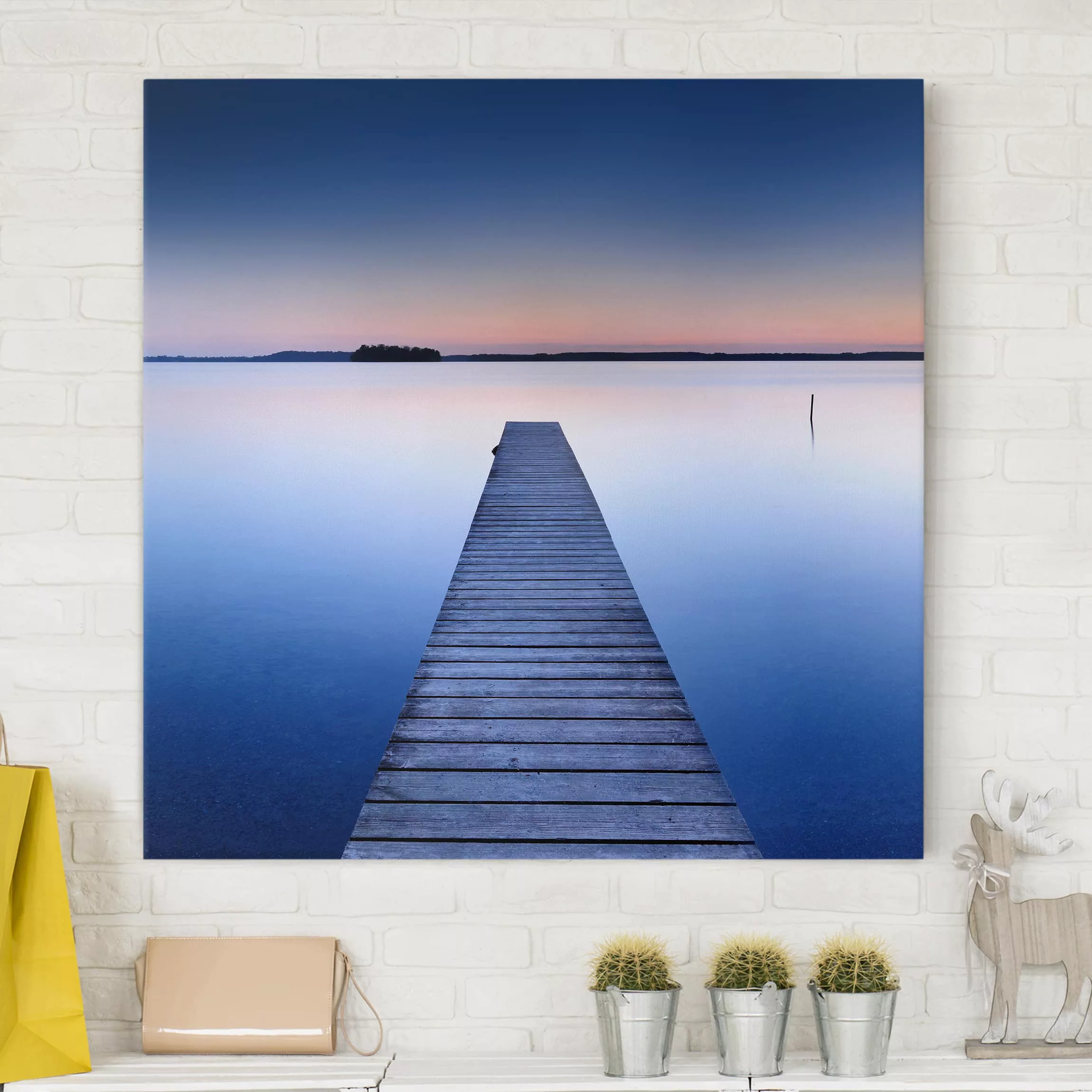 Leinwandbild Strand - Quadrat Flusssteg bei Sonnenuntergang günstig online kaufen