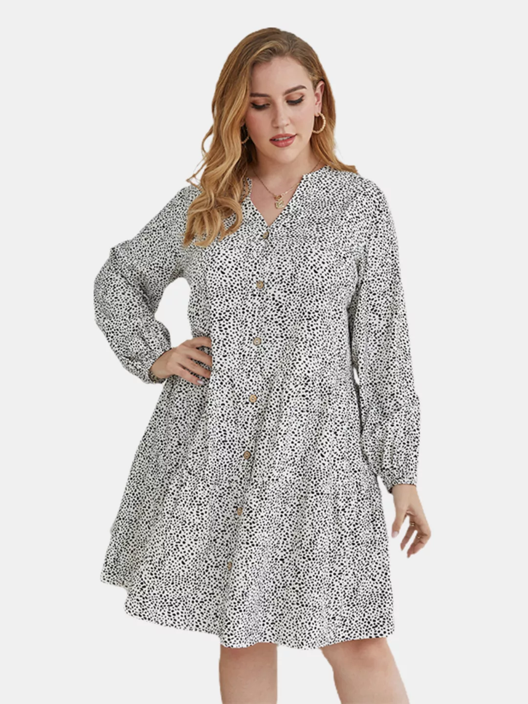 Polka Dot Print V-Ausschnitt Langarm Plus Größe Kleid günstig online kaufen