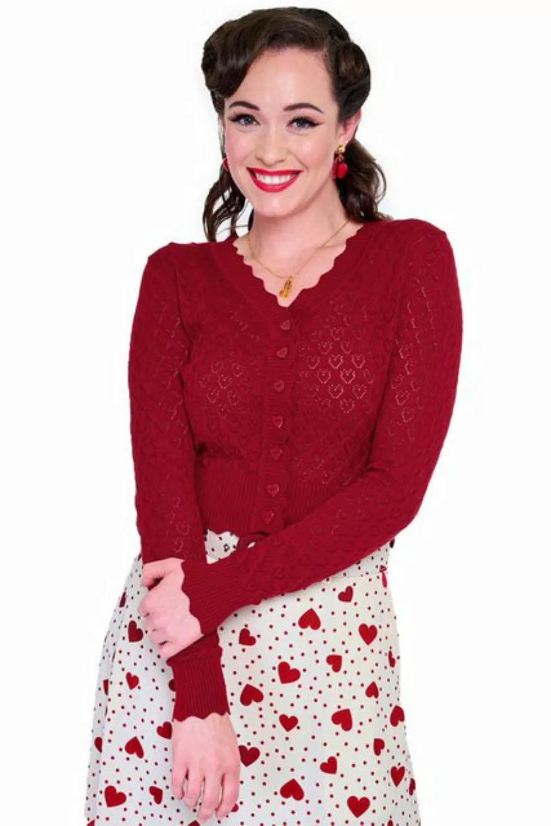 Voodoo Vixen Strickjacke Scalloped Edge Heart Knit Rot Retro Vintage Cardig günstig online kaufen