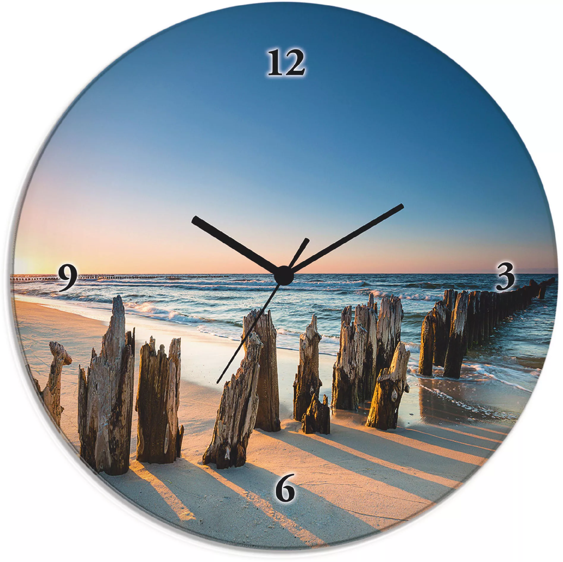 Artland Wanduhr »Glasuhr rund Sonnenuntergang Strand Wellenbrecher«, wahlwe günstig online kaufen