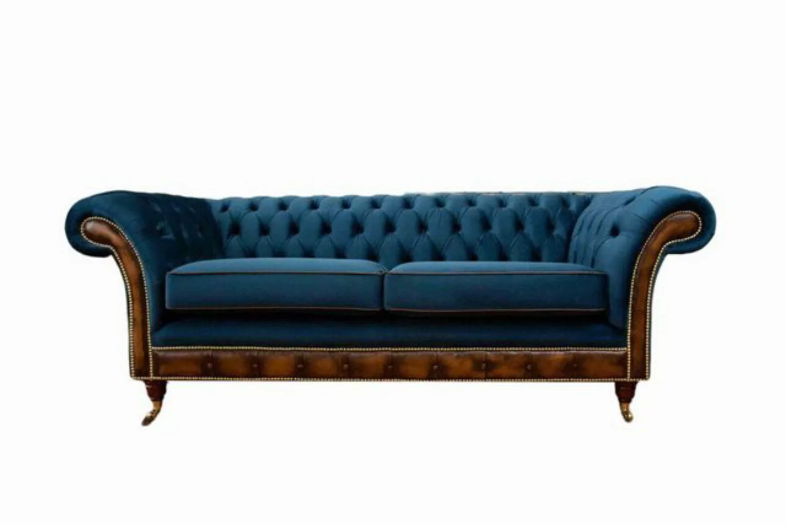 JVmoebel Chesterfield-Sofa DUNKELBLAUER SAMT UND HELLBRAUNES LEDER 3-SITZER günstig online kaufen