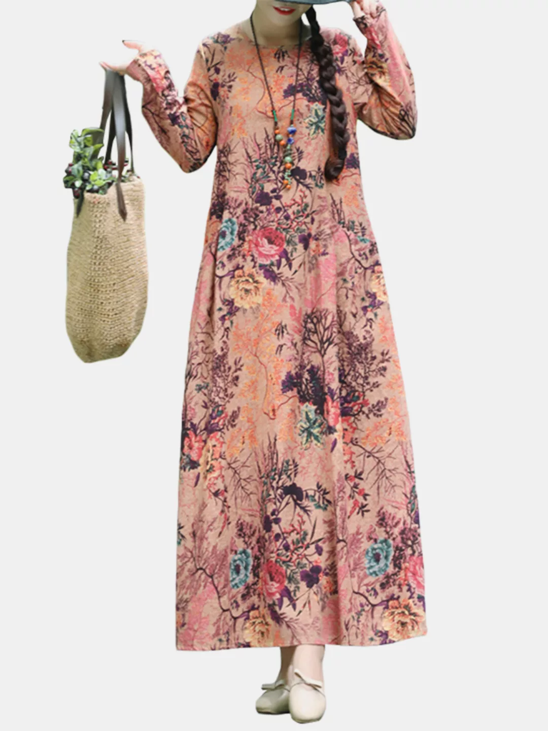 Blumendruck O-Ausschnitt Langarm Maxi Cotton Kleid günstig online kaufen