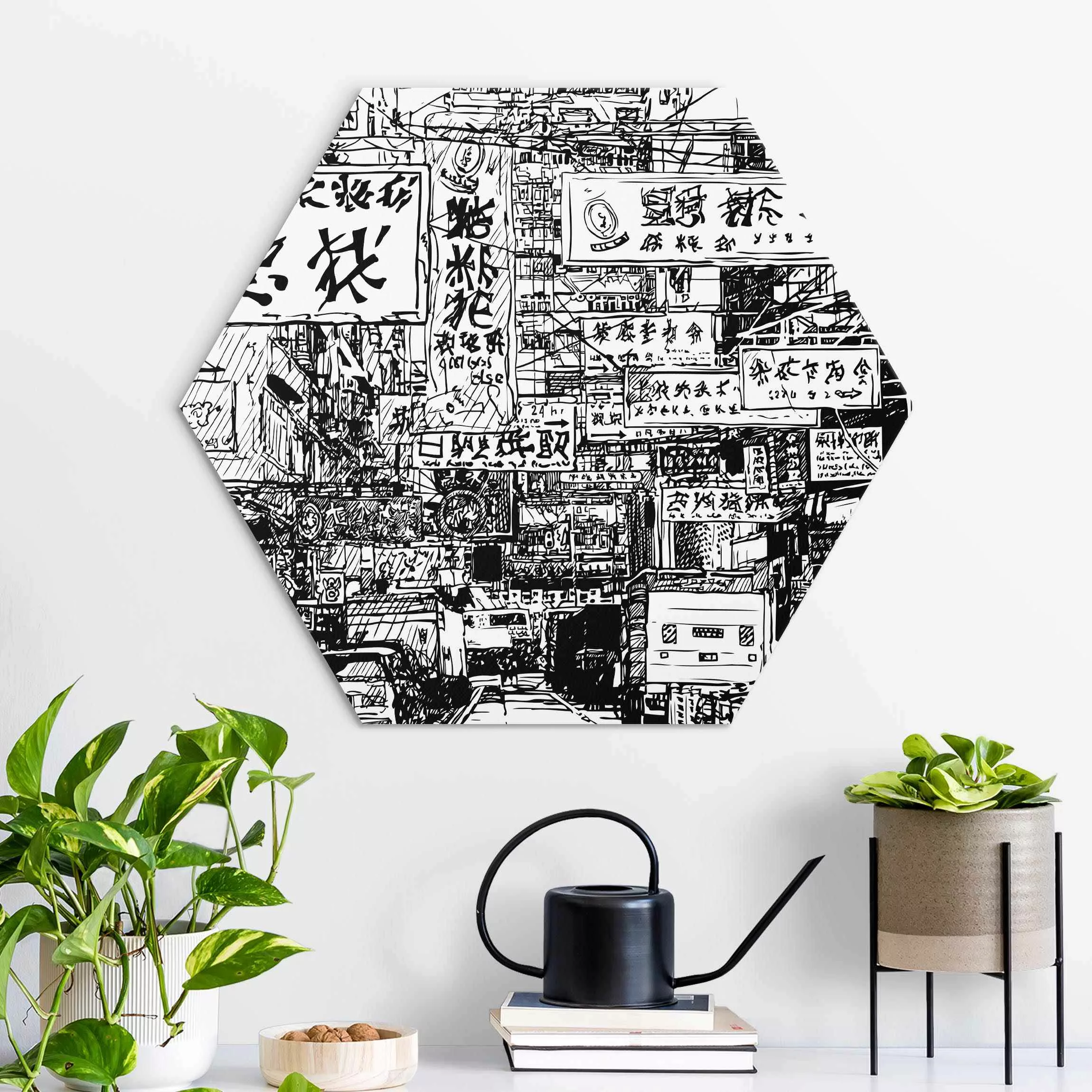 Hexagon-Alu-Dibond Bild Schwarzweiße Zeichnung Asiatische Straße günstig online kaufen