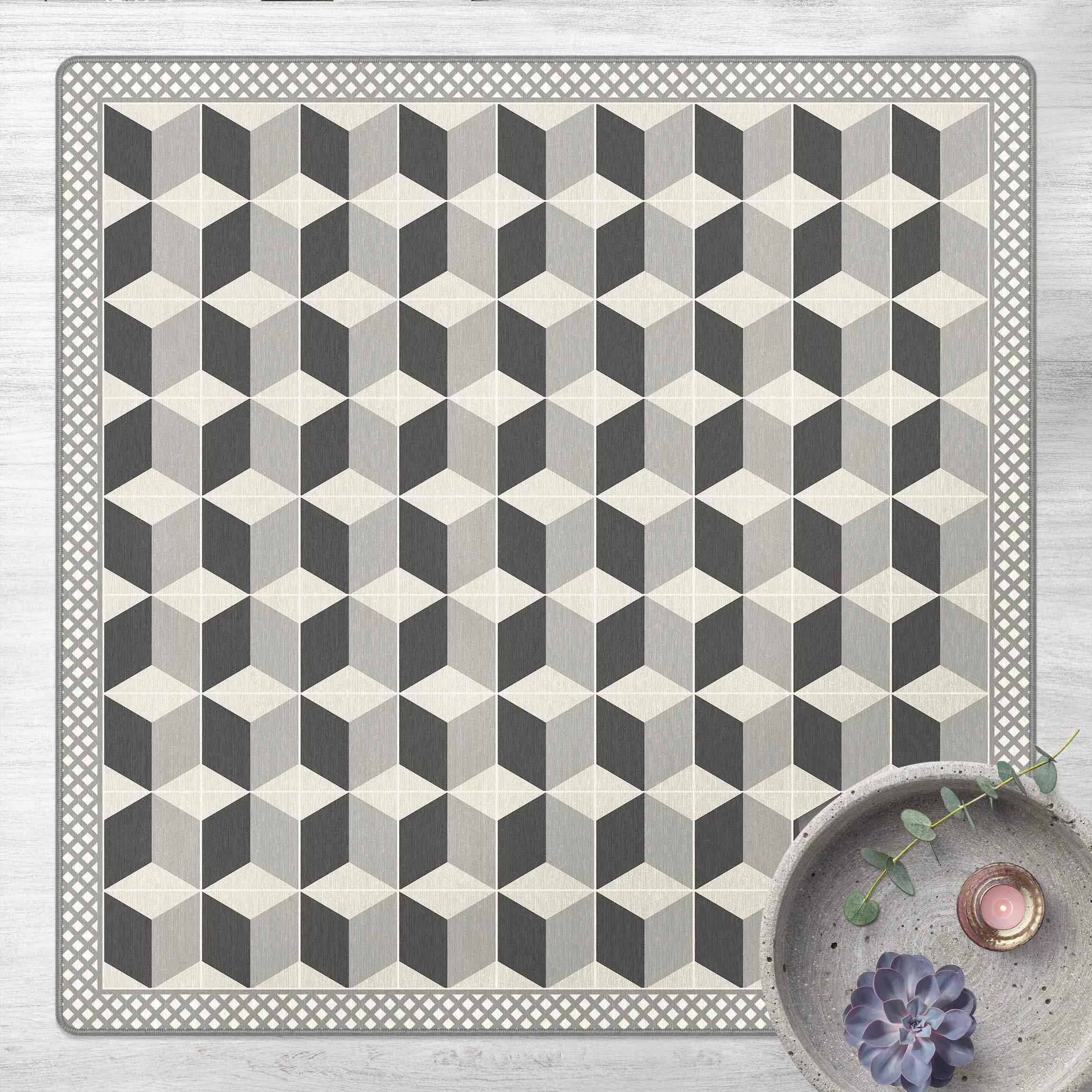 Teppich Geometrische Fliesen Stufenillusion in Grau mit Bordüre günstig online kaufen