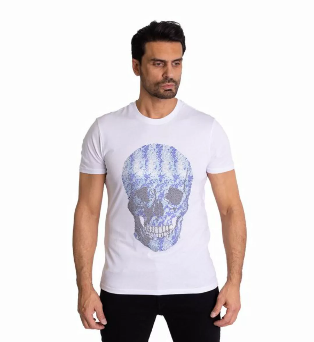 TRUENO T-Shirt Herren Bi-Colour Strass Totenkopf T-Shirt Weiß M günstig online kaufen